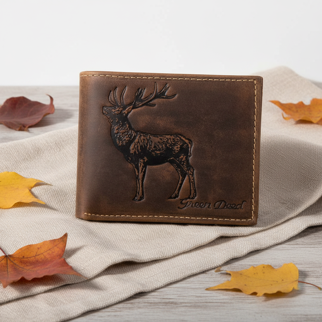 Green Deed Geldbörse aus Hunterleder – Dunkelbraun mit geprägtem Hirsch & RFID-Schutz