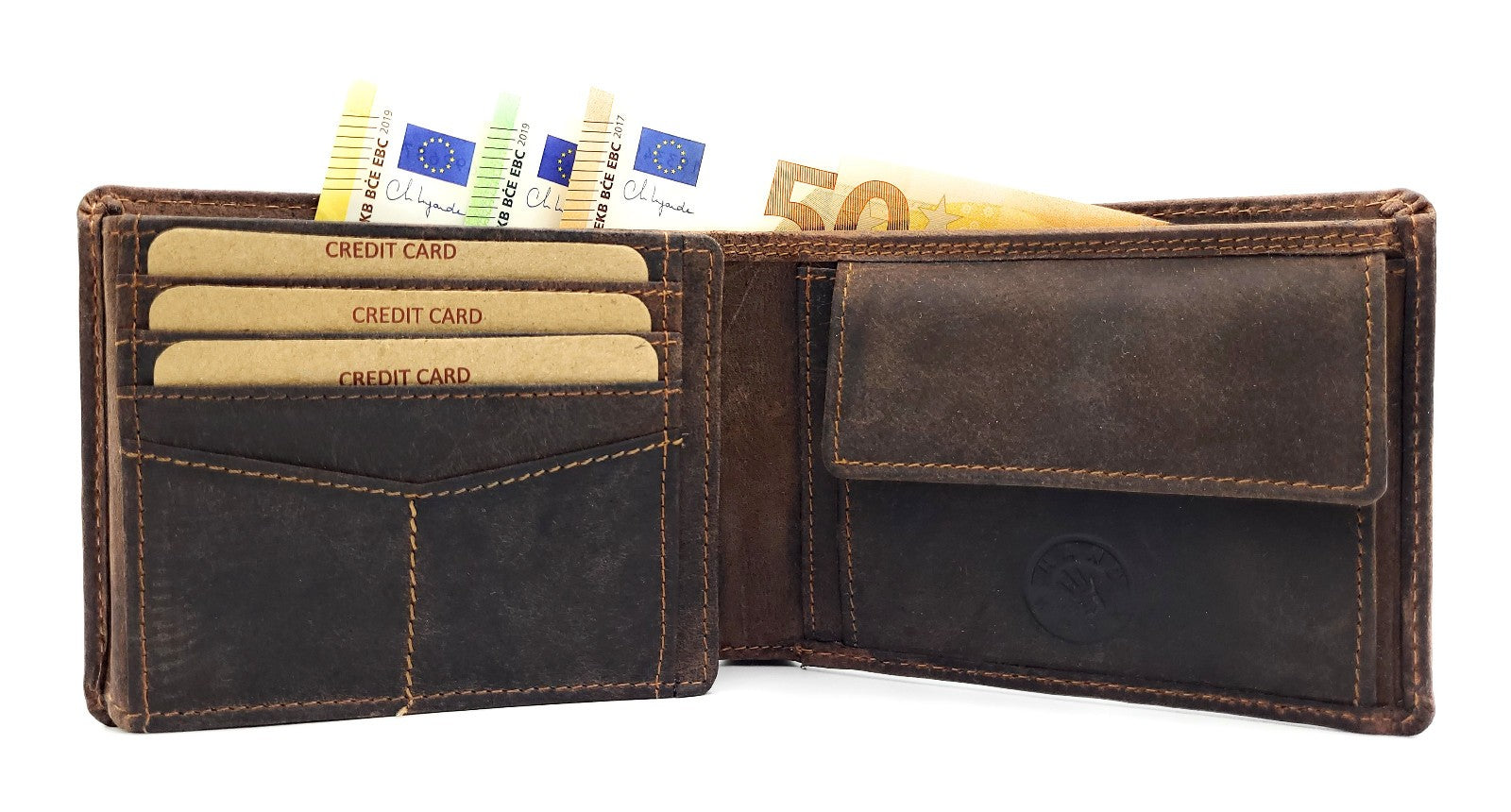 Jockey Club Geldbörse aus Büffel Hunter Leder – US-Truck, RFID-Schutz, Handarbeit, viele Fächer dunkelbraun