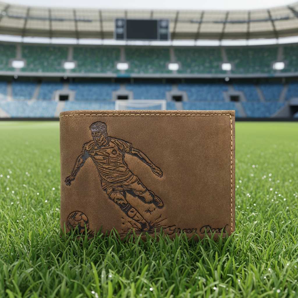 Green Deed Geldbörse aus Hunterleder – Fußballspieler Motiv, dunkelbraun, RFID-Schutz & Geschenkbox