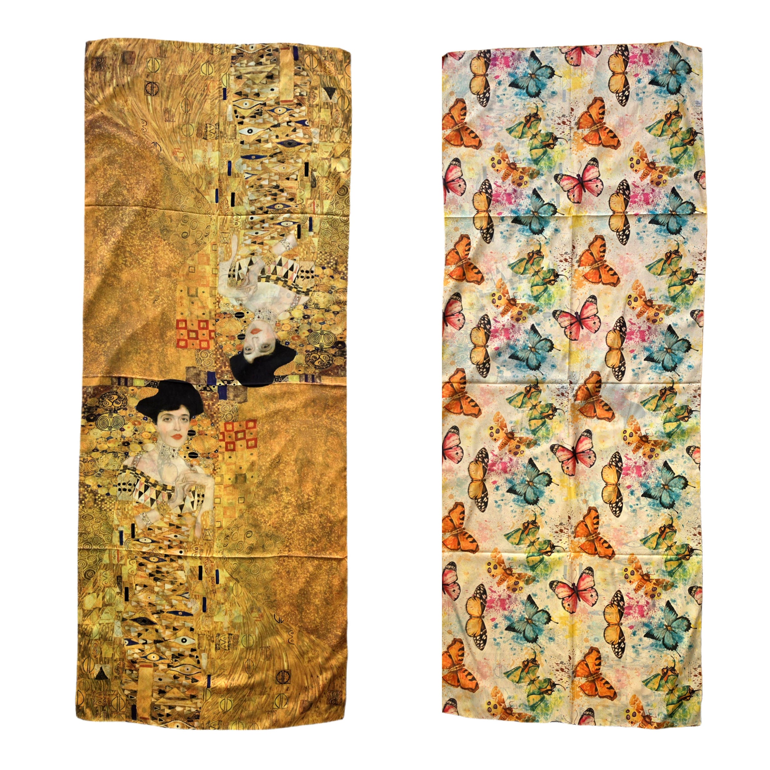 Wendeschal Stola Gustav Klimt inspiriert – Frau & Schmetterlinge – 20% Seide 80% Viskose 180x70 cm