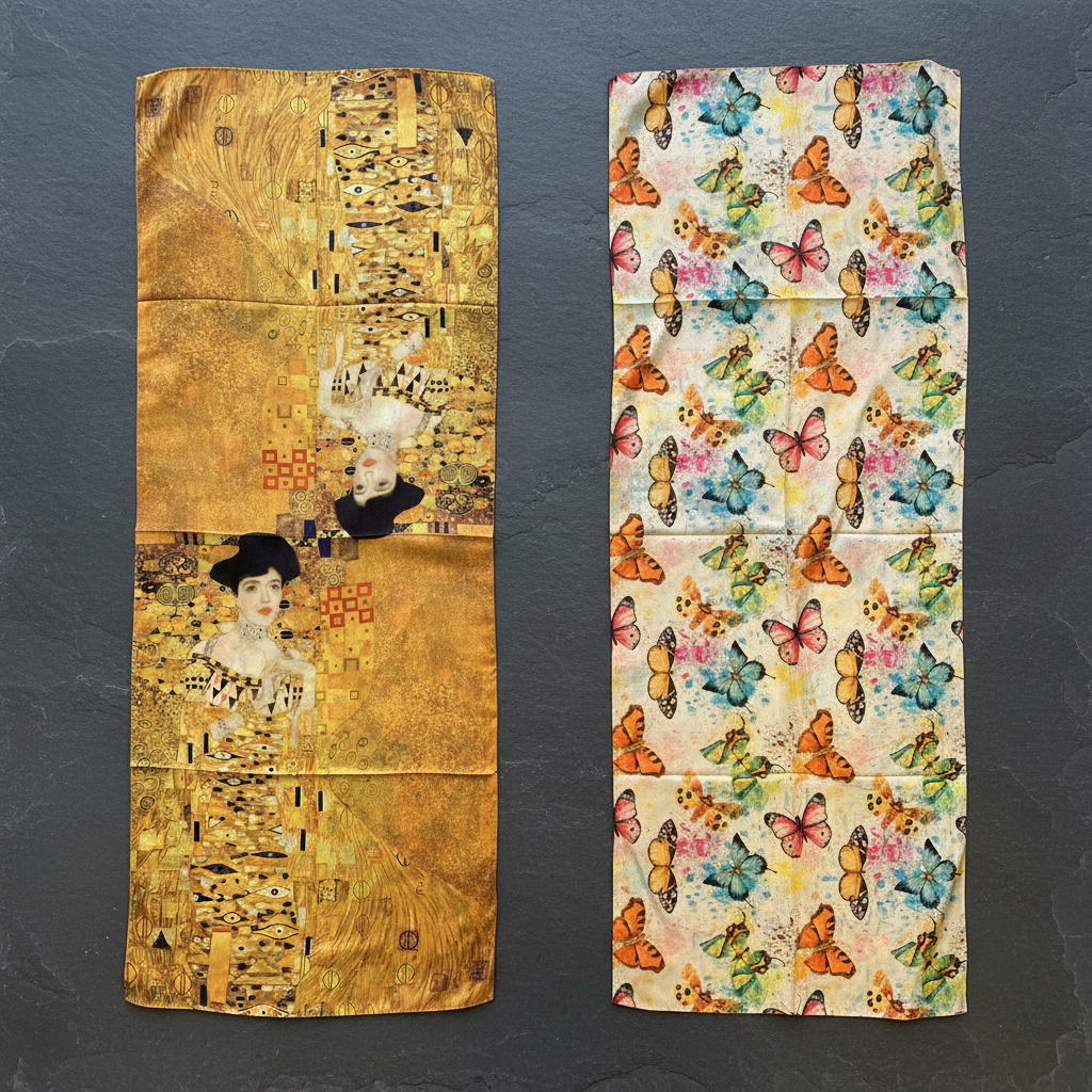 Wendeschal Stola Gustav Klimt inspiriert – Frau & Schmetterlinge – 20% Seide 80% Viskose 180x70 cm