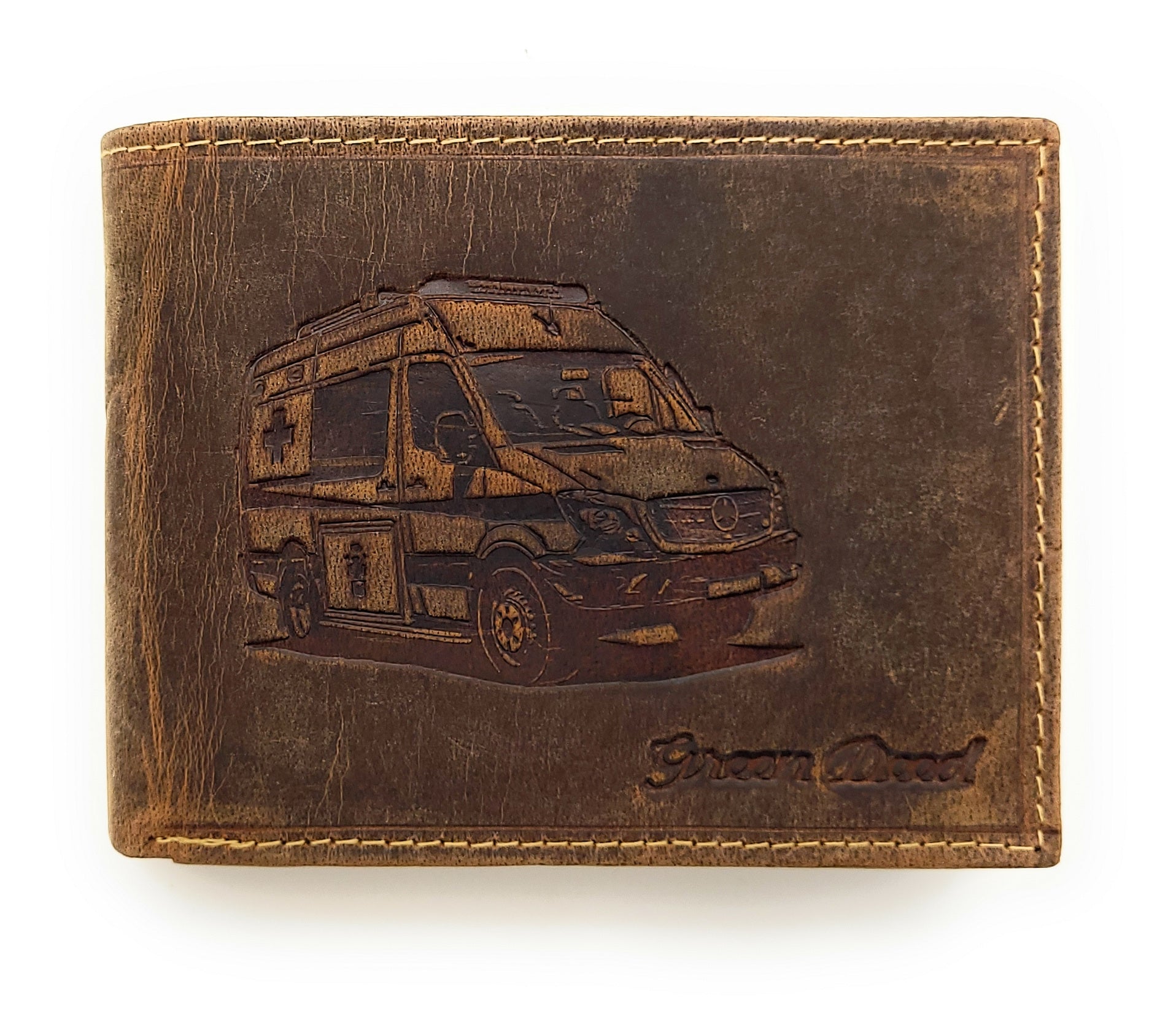 Green Deed Geldbörse aus Hunterleder – Dunkelbraun mit geprägtem Krankenwagen-Motiv & RFID-Schutz