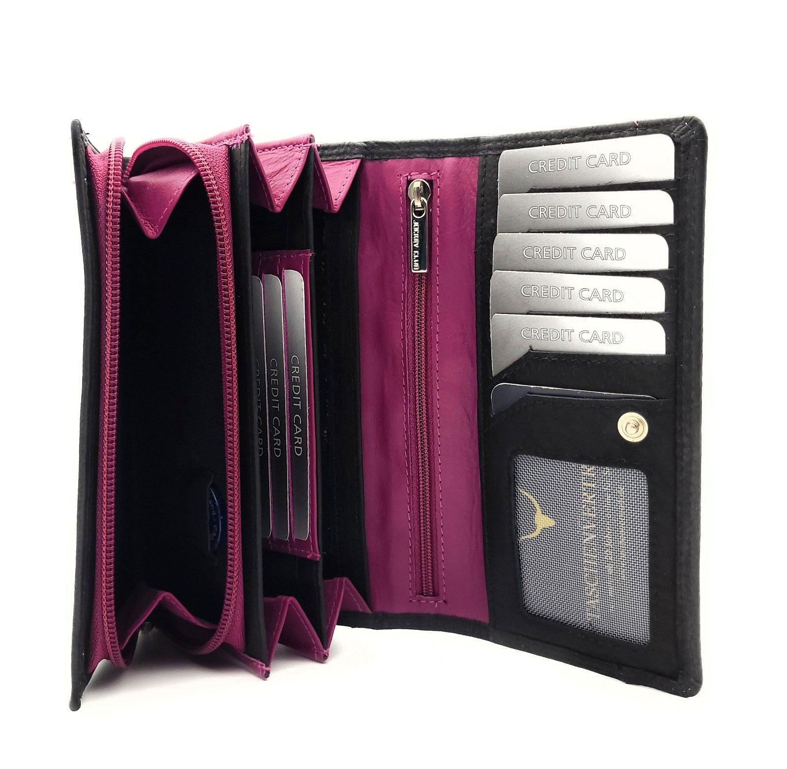 Jockey Club Echt Leder Damen Geldbörse RFID Schutz – Portemonnaie Bicolor Schwarz/Beere – Viele Fächer, Druckknopf, Reißverschluss, großes Münzfach schwarz berry