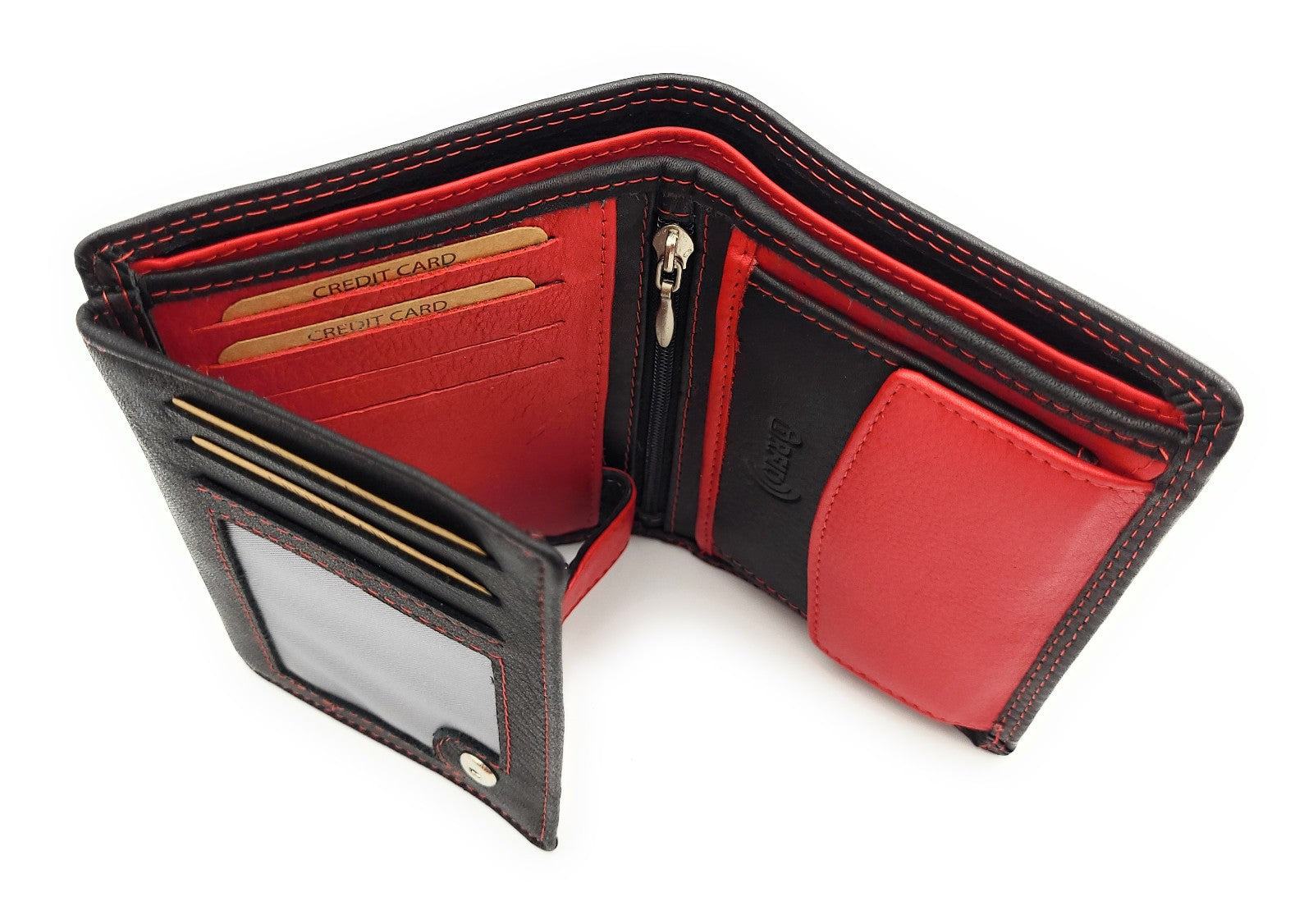 Jockey Club Basic Geldbörse aus Rindleder mit RFID-Schutz, Reißverschlussfach, 6 Kartenfächern, 2 Sicht- & 2 Einsteckfächern, Münzfach & Doppelnaht schwarz rot
