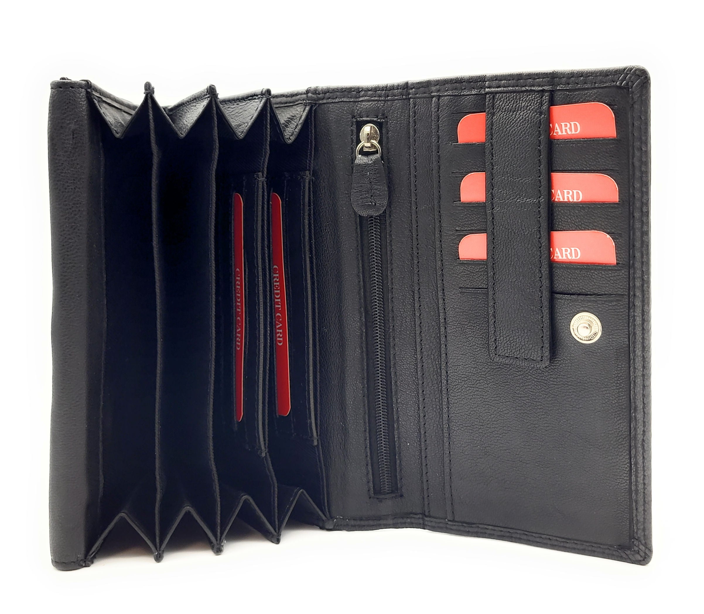 Damen Leder Geldbörse mit RFID Schutz - 12 Kartenfächer, Münzfach und Reißverschlussfächer - Portemonnaie Schwarz