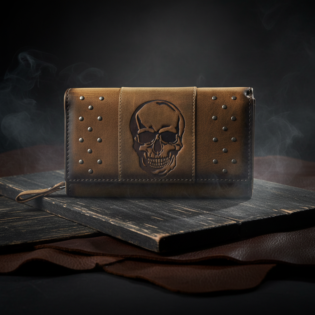 Jockey Club echt Leder Damen Geldbörse Portemonnaie Totenkopf mit Nieten RFID Schutz braun