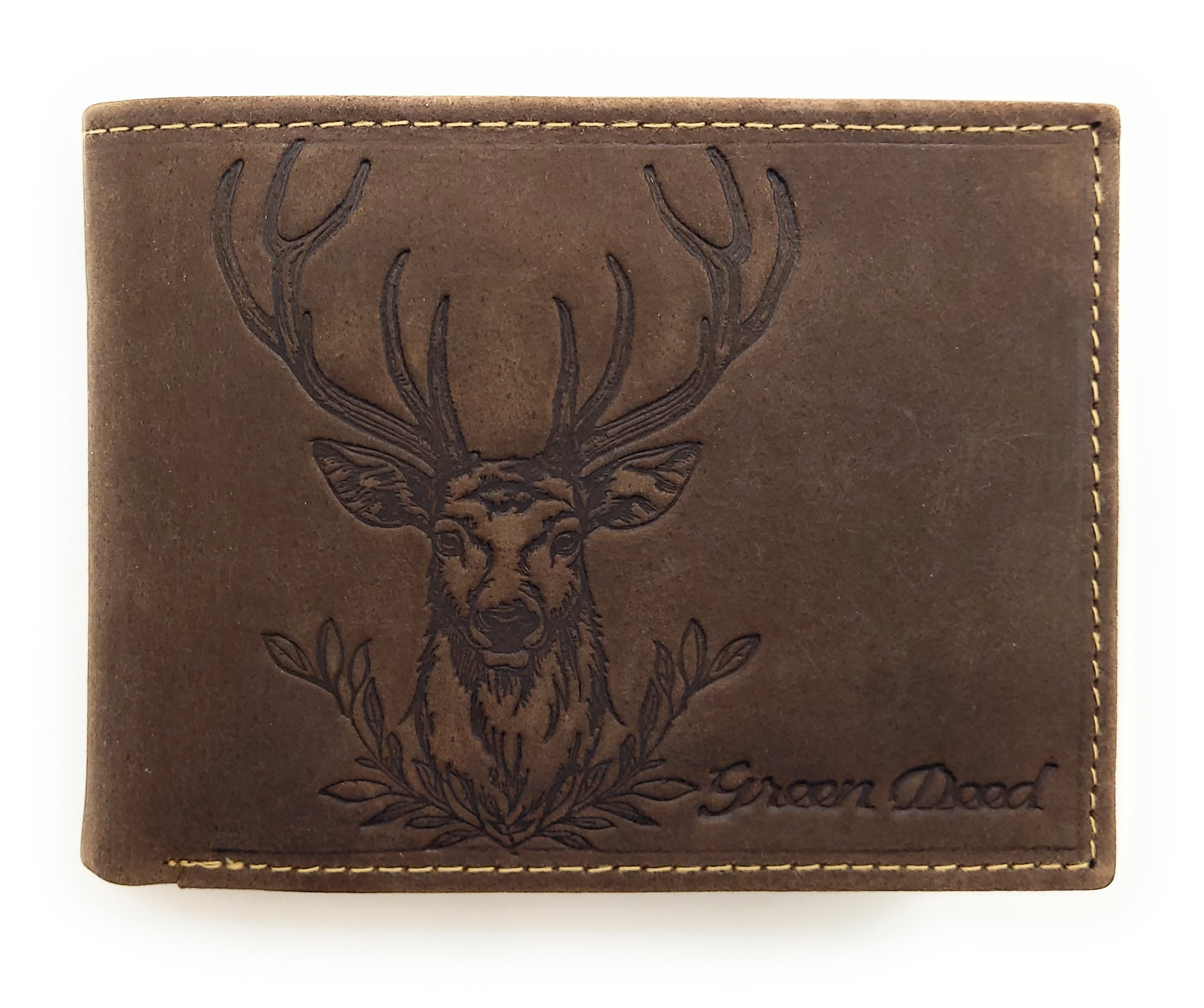 Green Deed Geldbörse aus Hunterleder – Dunkelbraun mit geprägtem Hirschmotiv, RFID-Schutz & Geschenkbox