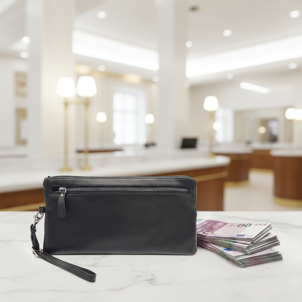 Geldtasche aus Echtleder | Banktasche 30x15 cm mit Metallreißverschluss
