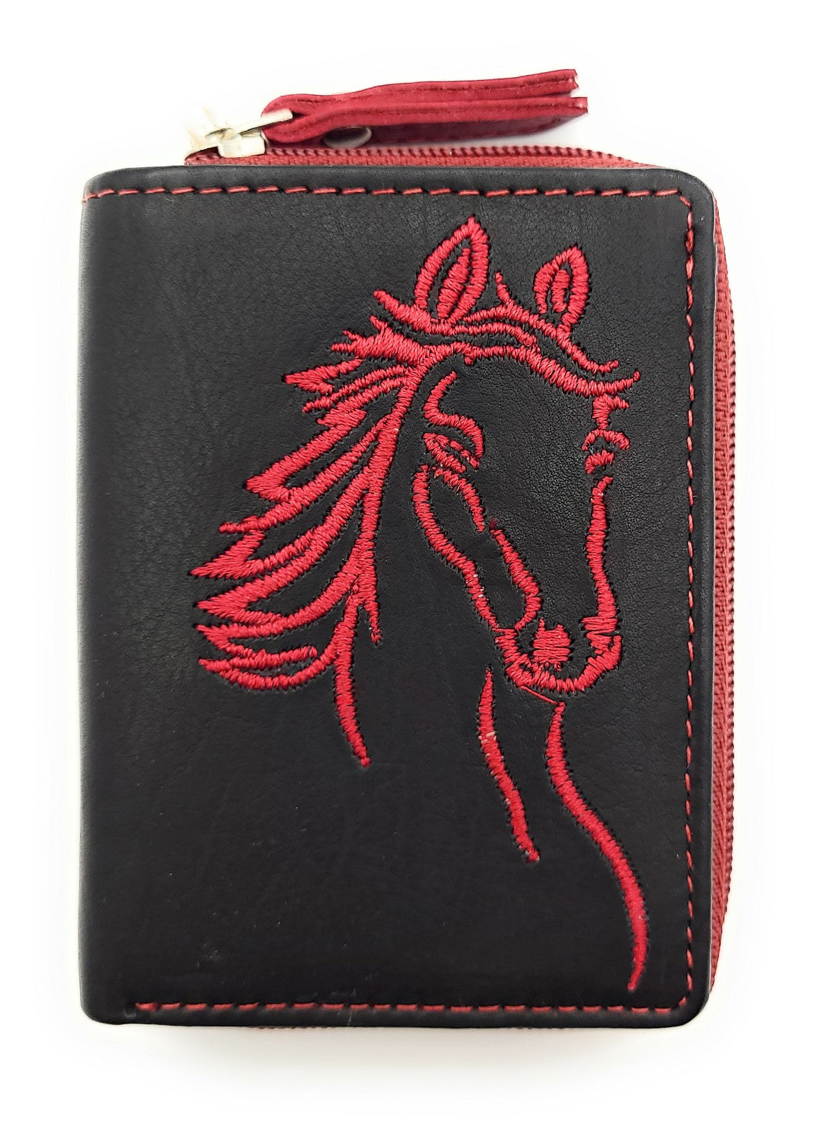 Jockey Club Mini-Geldbörse aus Leder mit RFID-Schutz & Pferde-Stickerei – kompakt & stilvoll schwarz rot