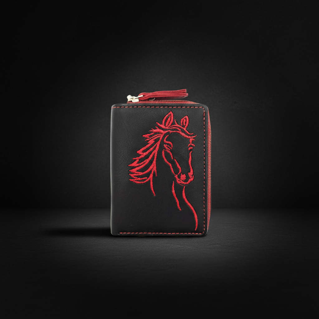 Jockey Club Mini-Geldbörse aus Leder mit RFID-Schutz & Pferde-Stickerei – kompakt & stilvoll schwarz rot