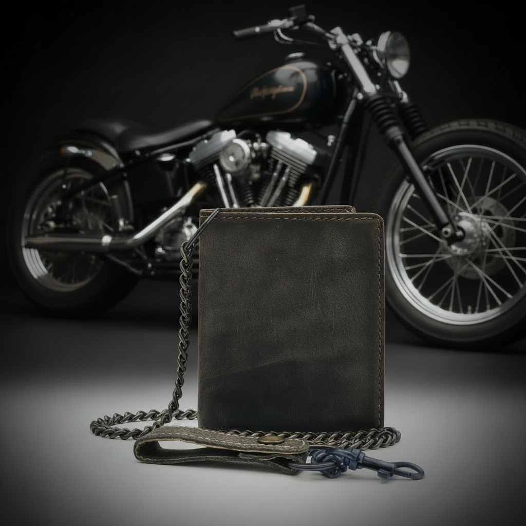 Jockey Club echt Leder Biker Geldbörse Portemonnaie mit Kette RFID Schutz vintage grau