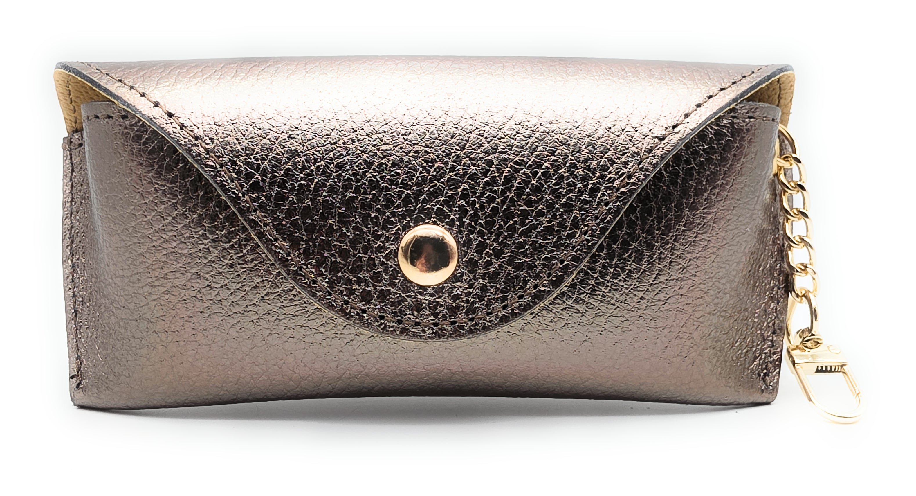 Brillenetui aus echtem Leder mit Magnetverschluss und Karabinerkette – Made in Italy bronze