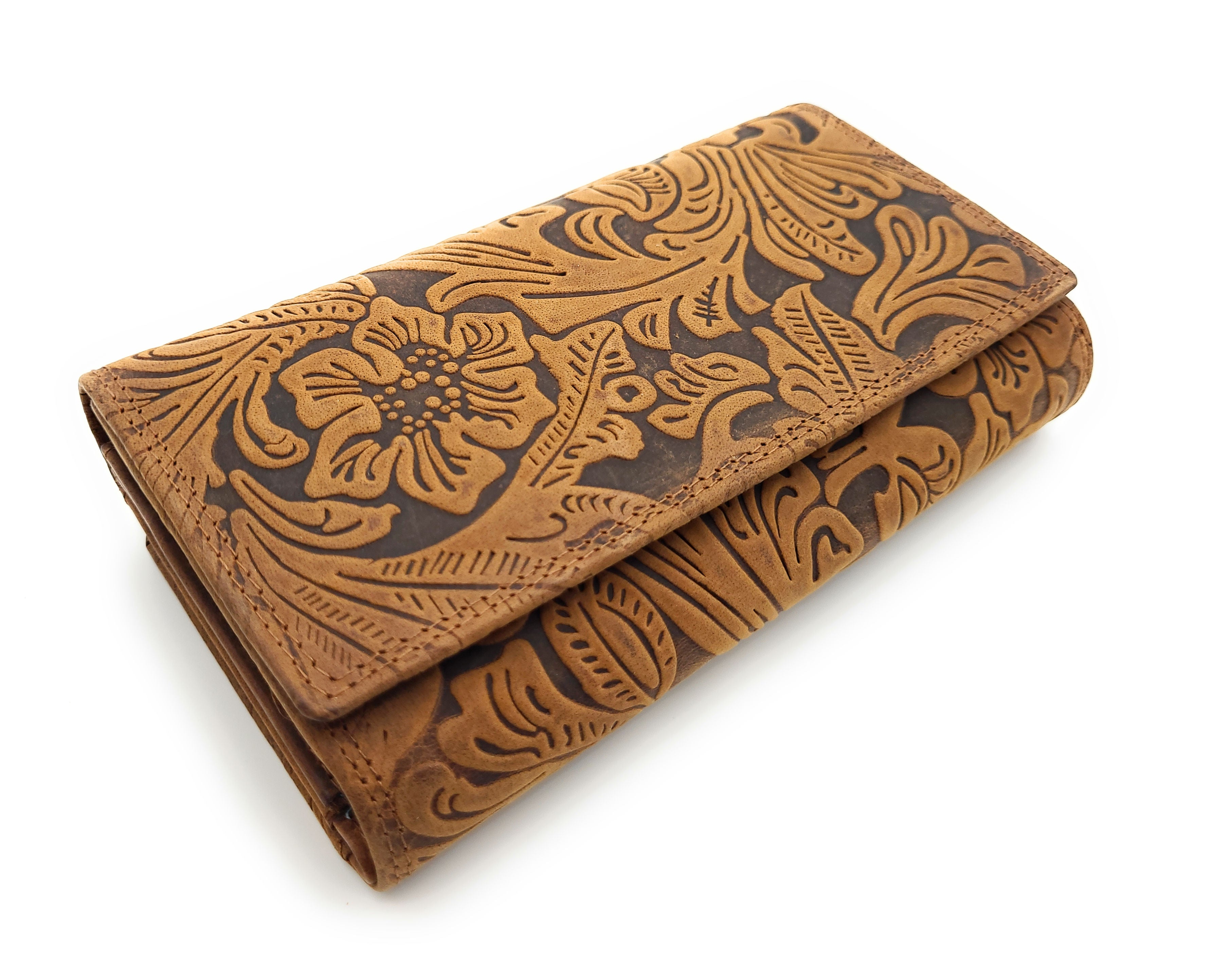 Damen Geldbörse Büffelleder groß | RFID Schutz | 18 Kartenfächer | Blumenprägung