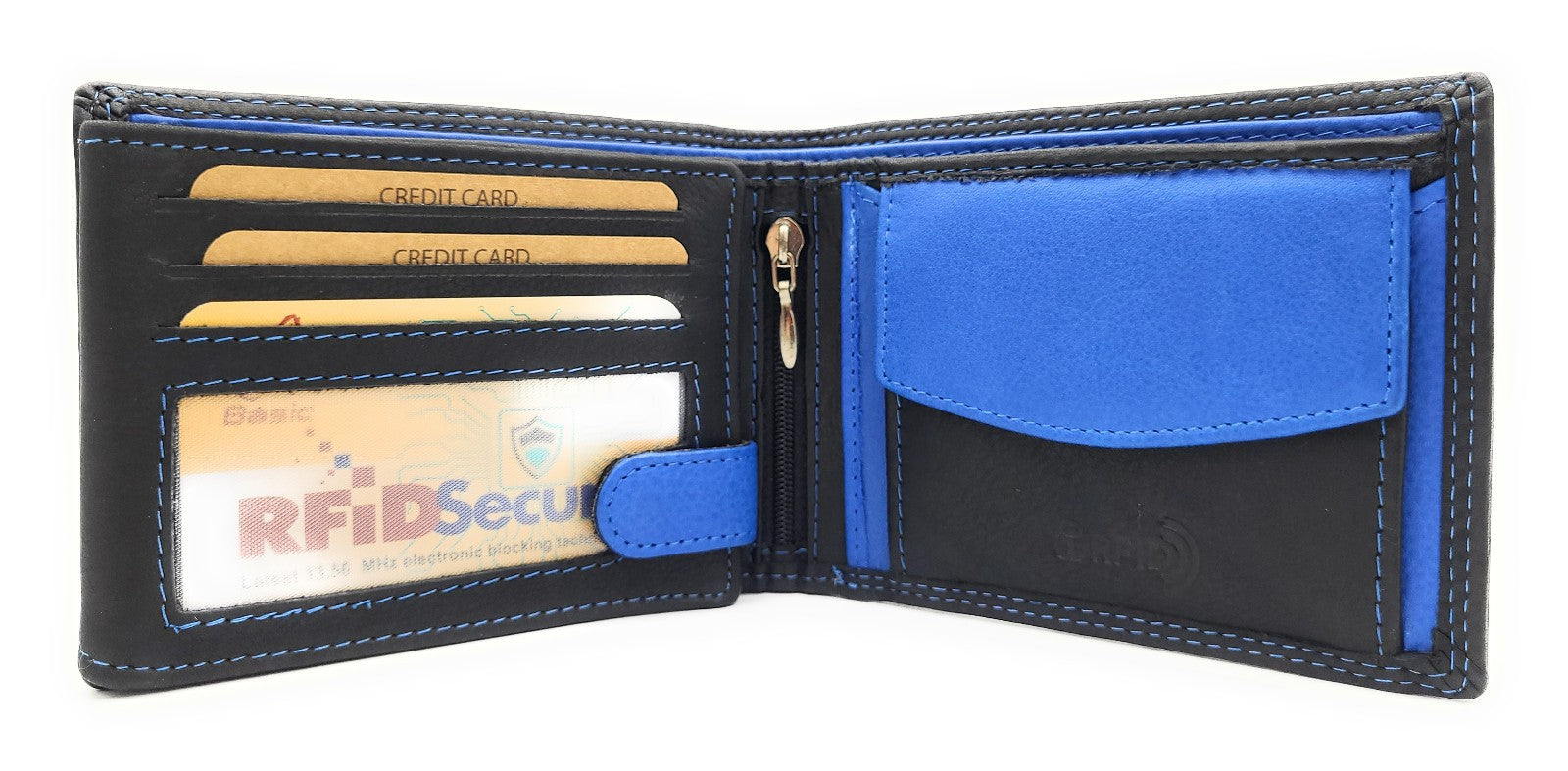 Jockey Club Basic Geldbörse aus Rindleder mit RFID-Schutz, Reißverschlussfach, 6 Kartenfächern, 2 Sicht- & 2 Einsteckfächern, Münzfach & Doppelnaht schwarz royal