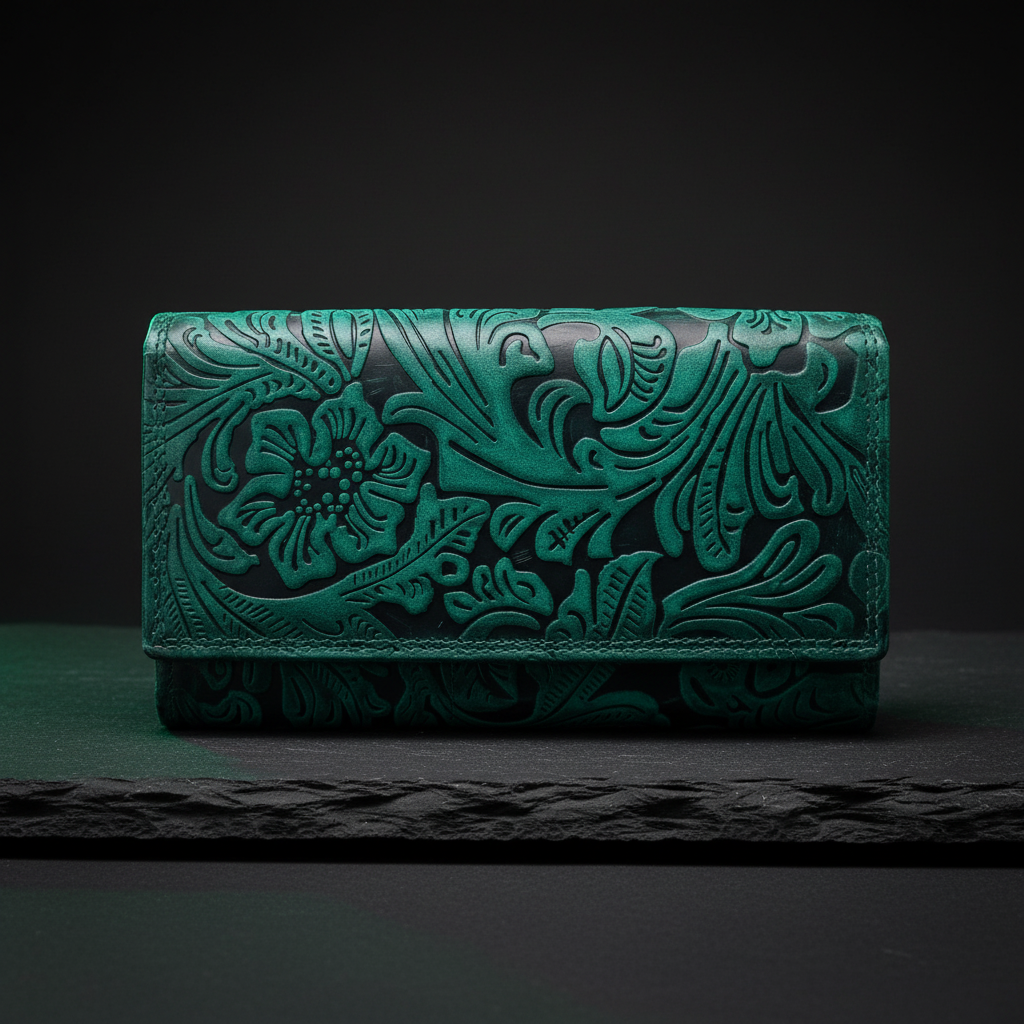 Damen Geldbörse Leder RFID Schutz - Hunter Büffelleder mit Blumenprägung grün