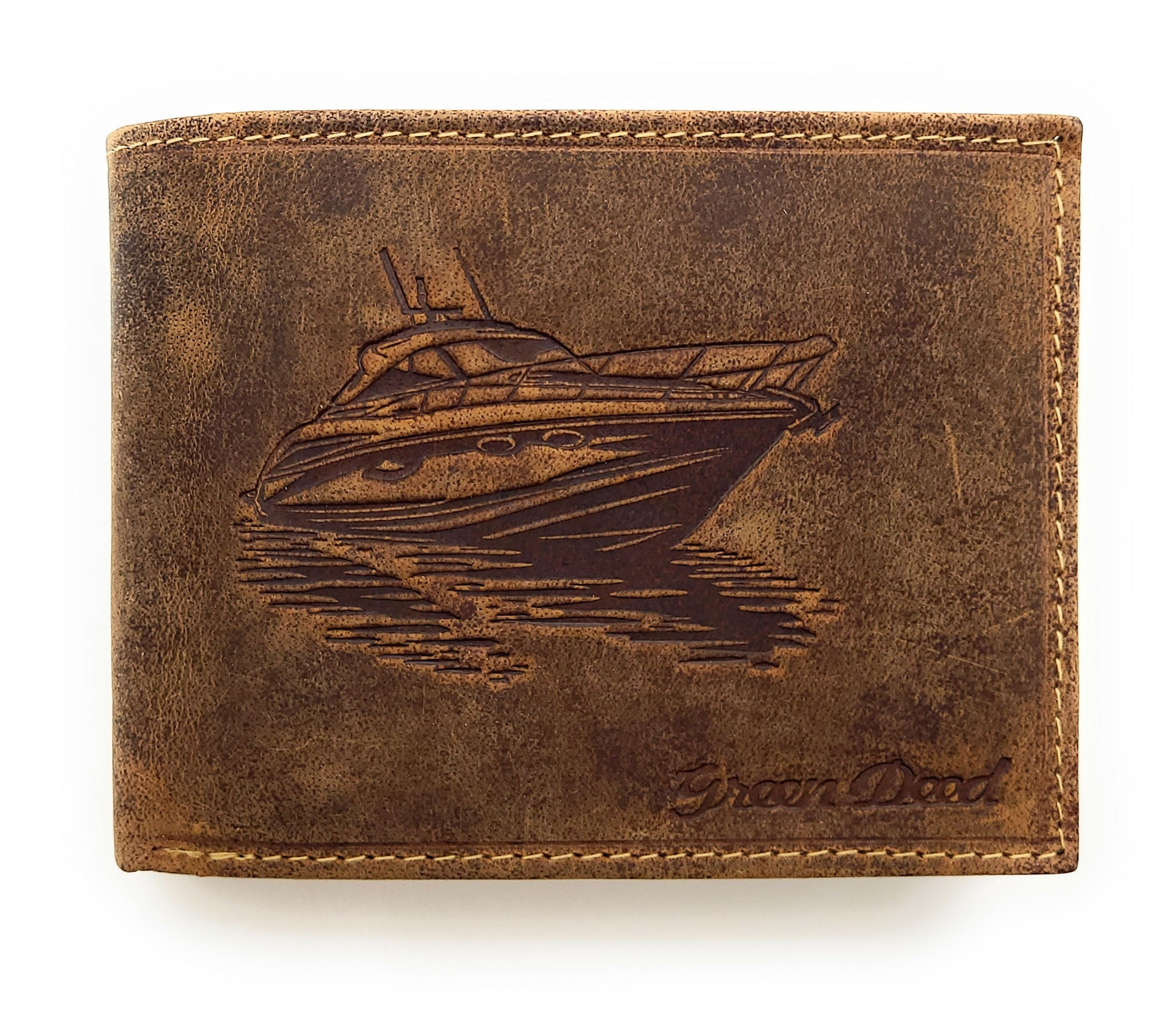 Green Deed Geldbörse aus Hunterleder – Dunkelbraun mit geprägtem Bootsmotiv & RFID-Schutz