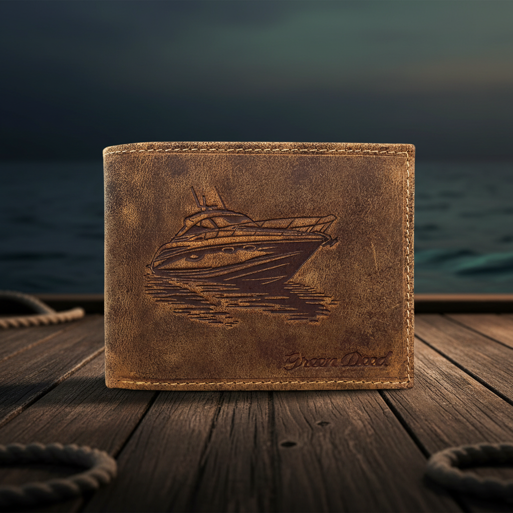 Green Deed Geldbörse aus Hunterleder – Dunkelbraun mit geprägtem Bootsmotiv & RFID-Schutz