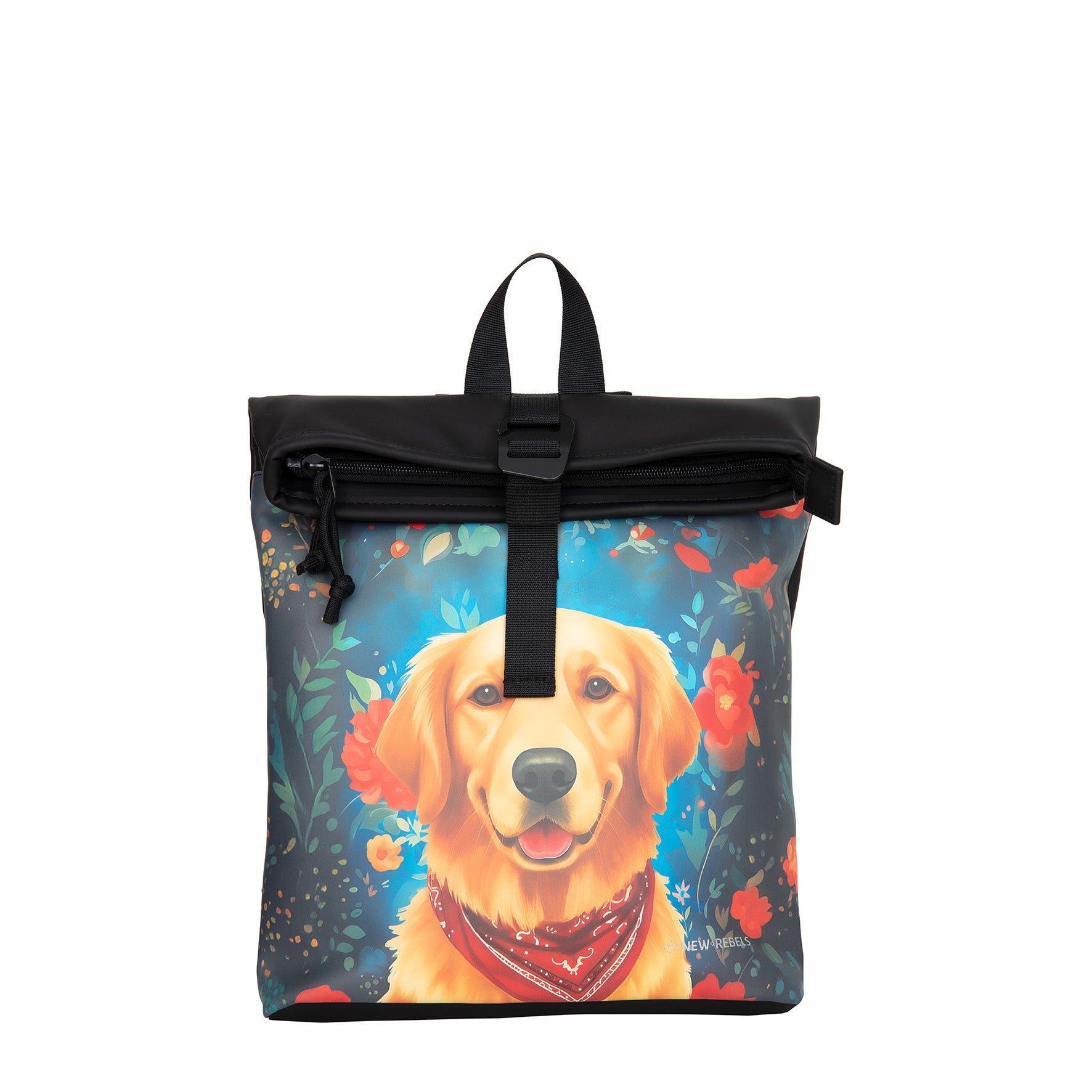 New Rebels Rolltop Cityrucksack Los Angeles – Stylischer Rolltop Rucksack mit Golden Retriever -Design, Wasserabweisend & Praktisch