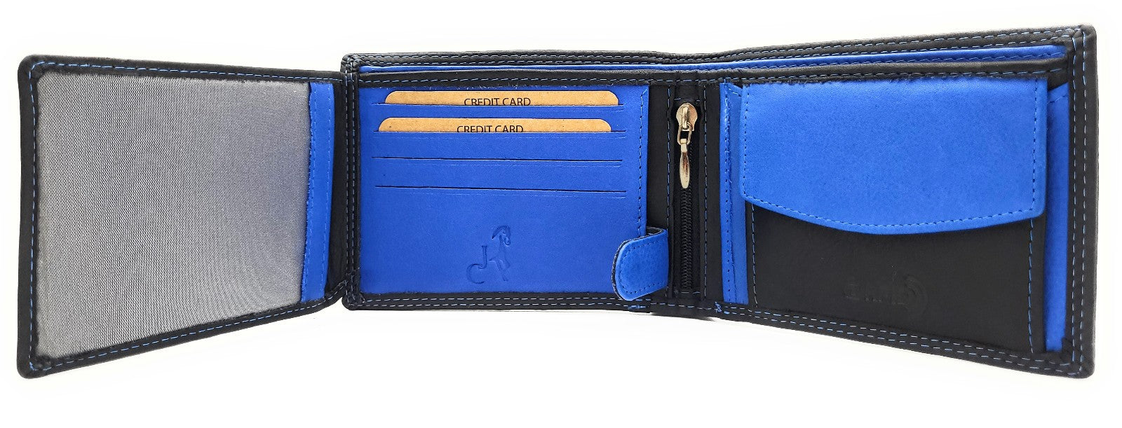 Jockey Club Basic Geldbörse aus Rindleder mit RFID-Schutz, Reißverschlussfach, 6 Kartenfächern, 2 Sicht- & 2 Einsteckfächern, Münzfach & Doppelnaht schwarz royal