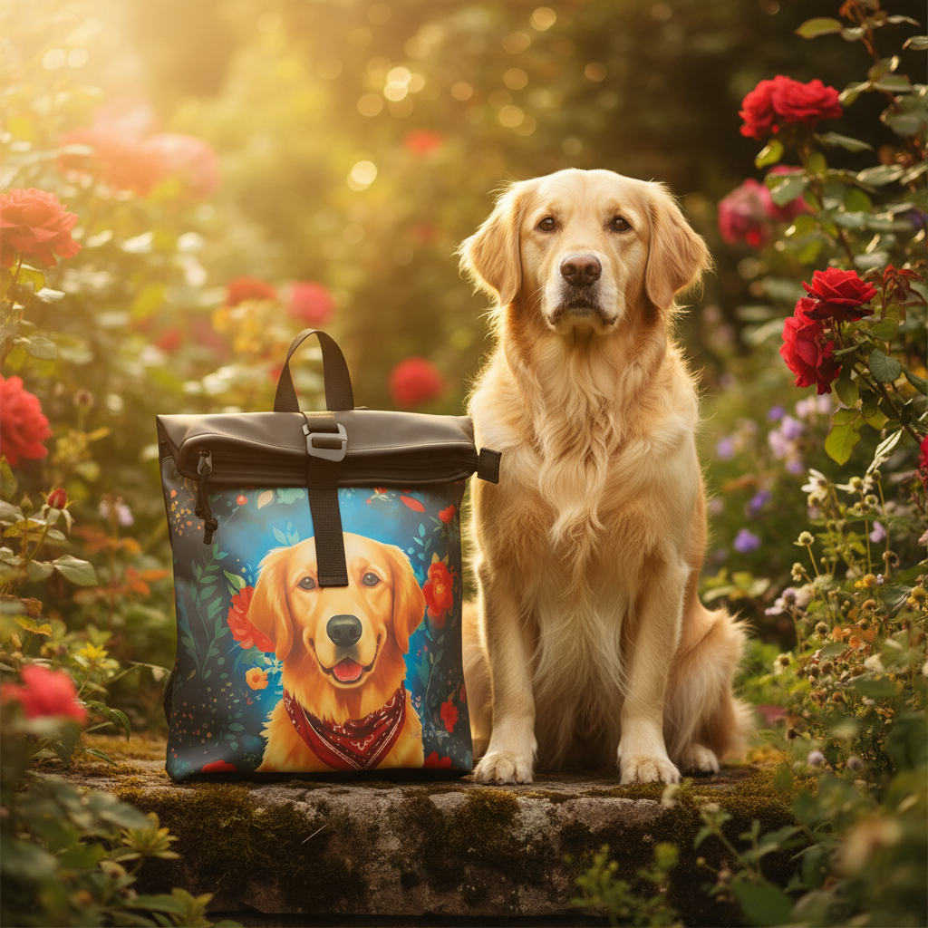 New Rebels Rolltop Cityrucksack Los Angeles – Stylischer Rolltop Rucksack mit Golden Retriever -Design, Wasserabweisend & Praktisch