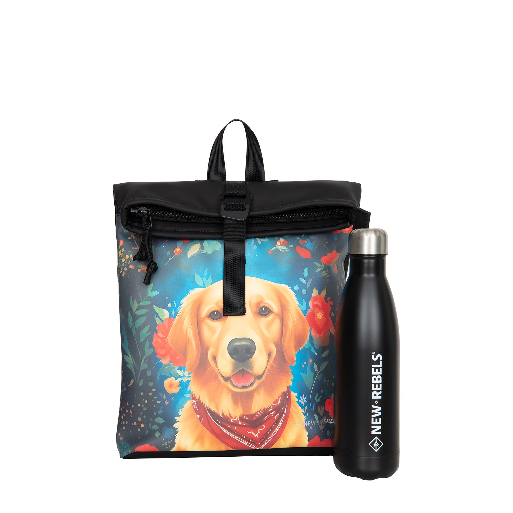New Rebels Rolltop Cityrucksack Los Angeles – Stylischer Rolltop Rucksack mit Golden Retriever -Design, Wasserabweisend & Praktisch