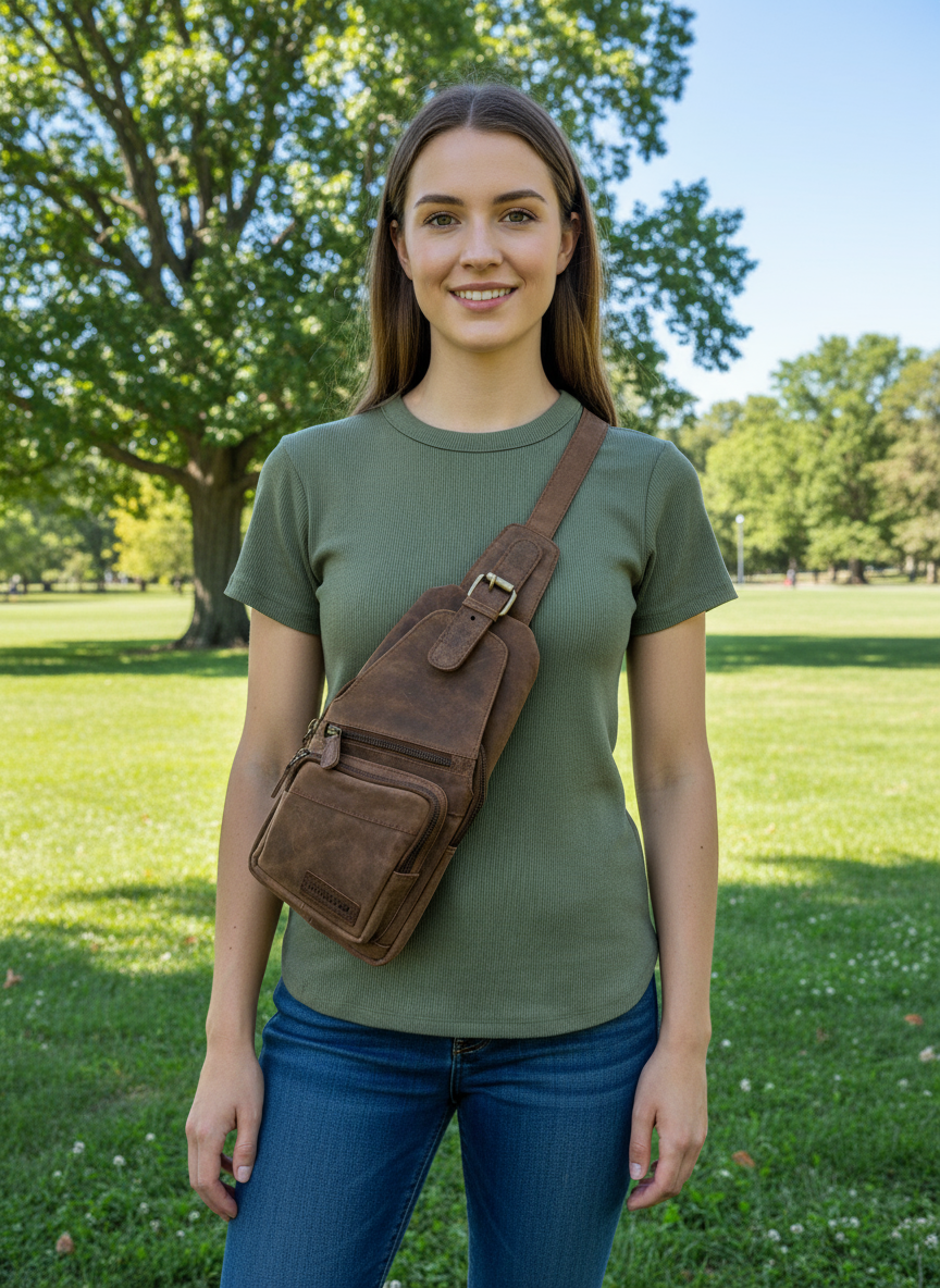 Leatherfox Slingbag aus echtem Hunterleder – mittelgroße Unisex-Umhängetasche mit 2 Fronttaschen, verstellbarem Gurt & karierter Innenausstattung