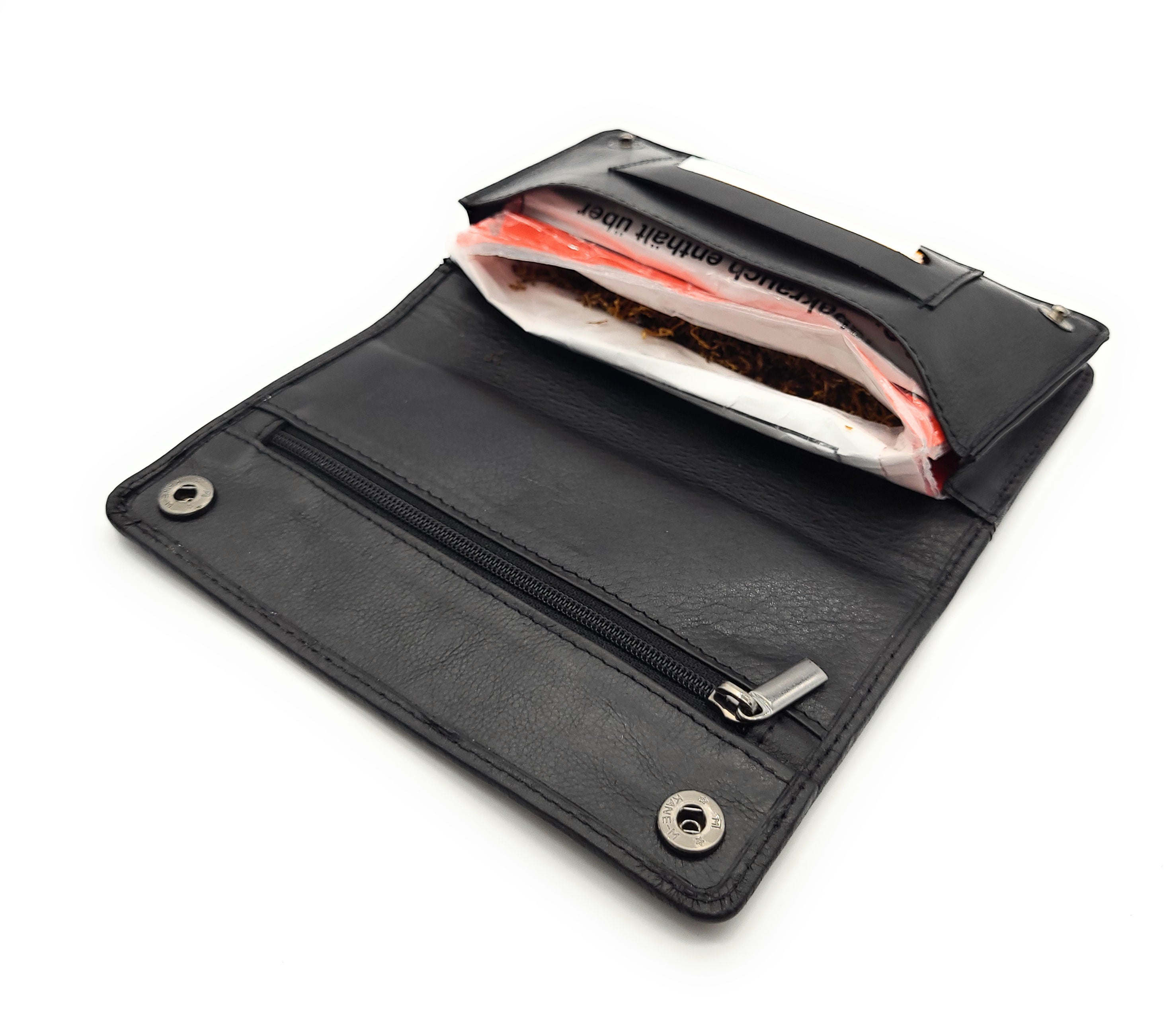 Tabakbeutel aus Nappaleder – Komfortgröße, passend für 30 g Tabakpackungen, mit Blättchenfach & Reißverschlussfächern, schwarz