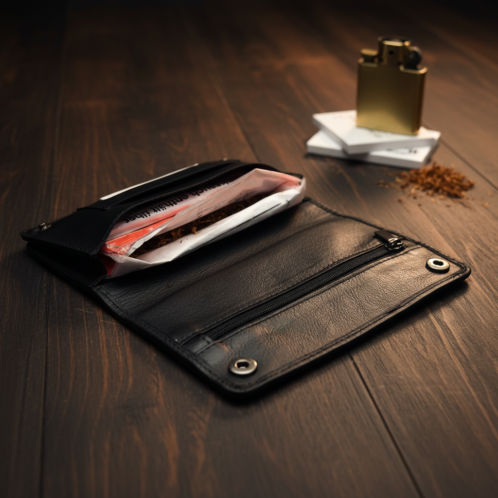 Tabakbeutel aus Nappaleder – Komfortgröße, passend für 30 g Tabakpackungen, mit Blättchenfach & Reißverschlussfächern, schwarz