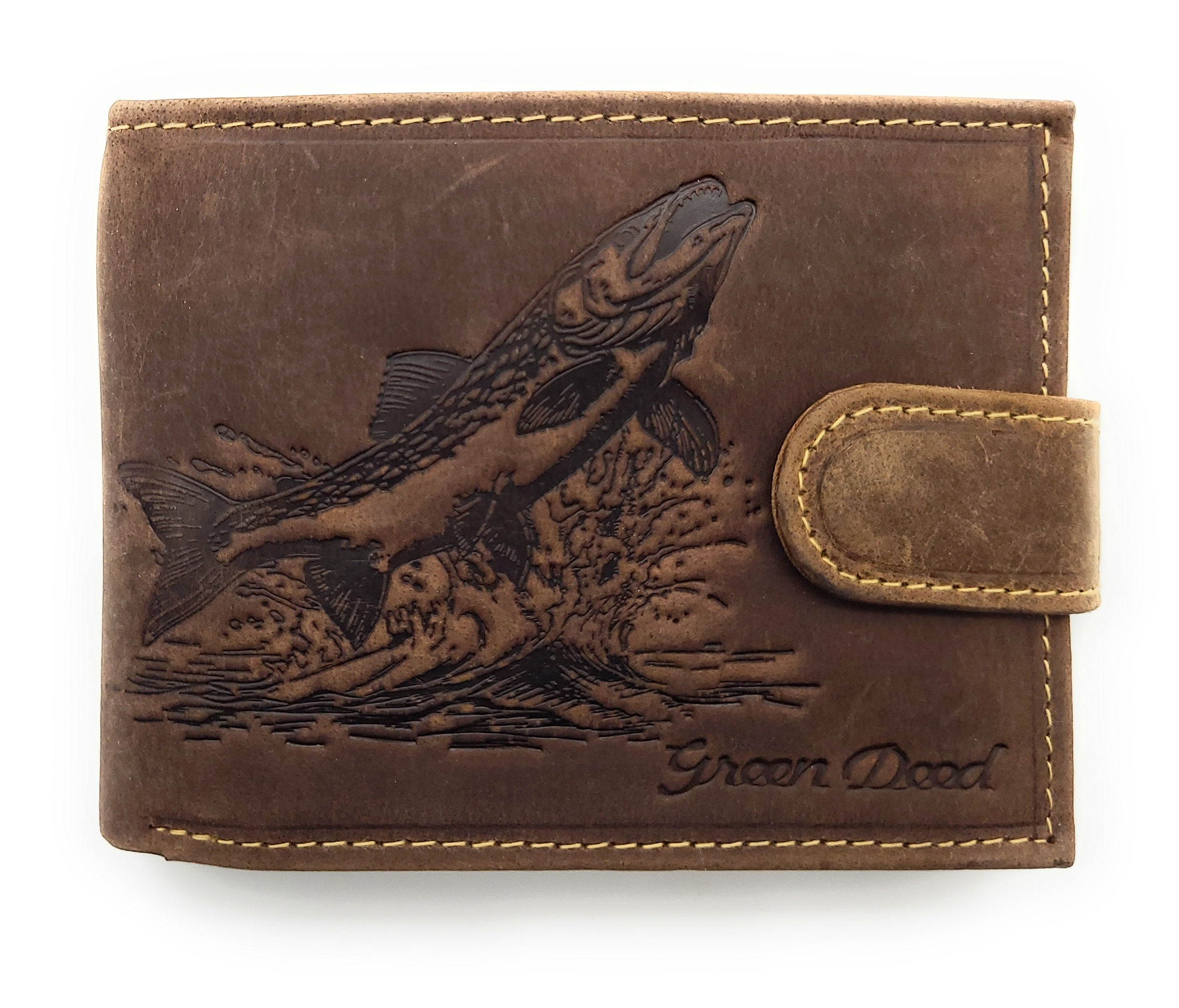Green Deed Geldbörse aus Hunterleder – Dunkelbraun mit geprägtem Hecht-Motiv, RFID-Schutz & Geschenkbox