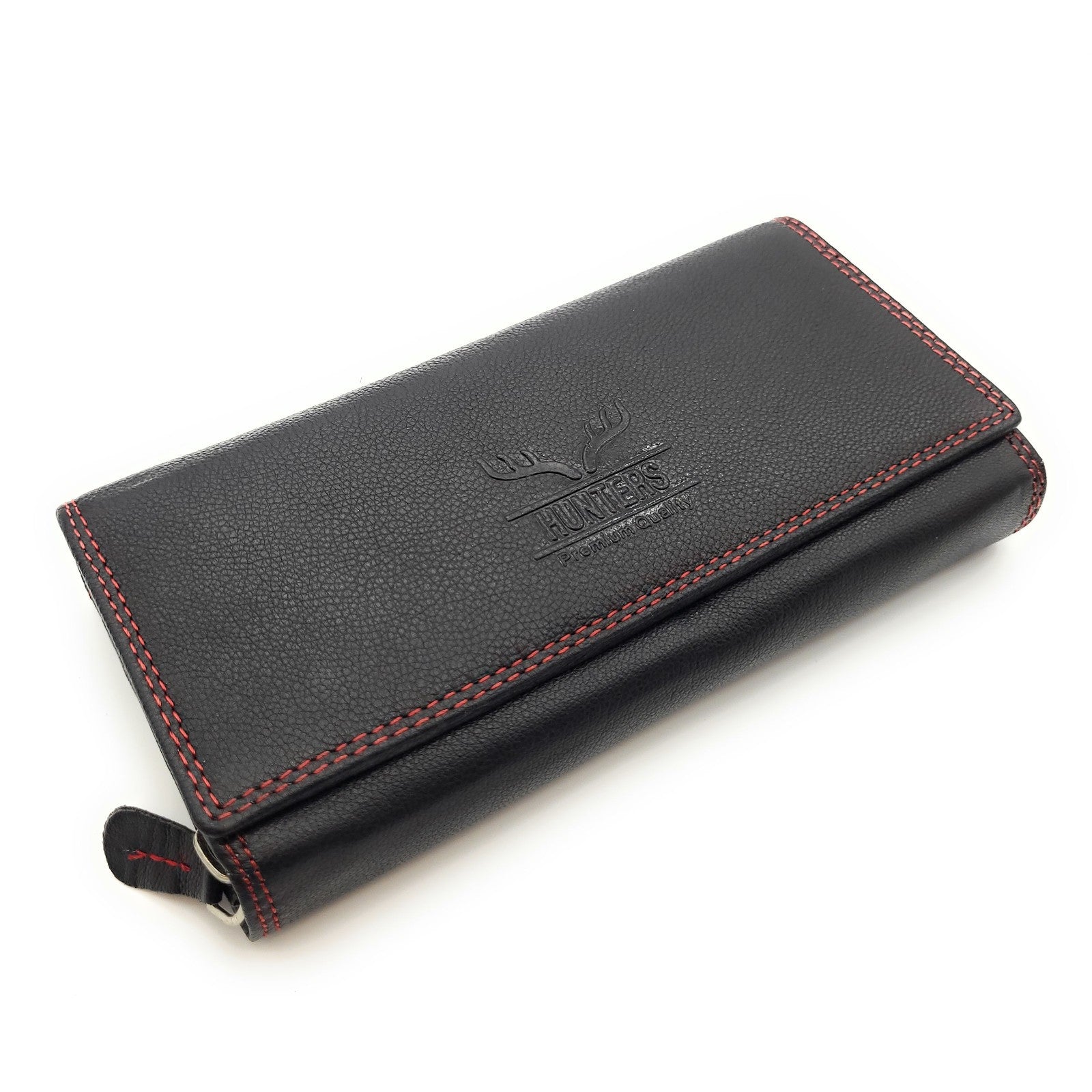 Große Damen Geldbörse aus Echtleder mit RFID-Schutz, 18 Kartenfächer, Langformat mit Münzfach & Doppelnaht schwarz rot