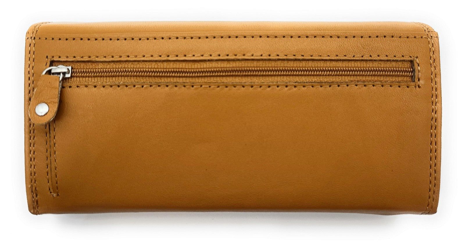 Rückseite der großen Leder Geldbörse mit Reißverschlussfach und Einsteckfach