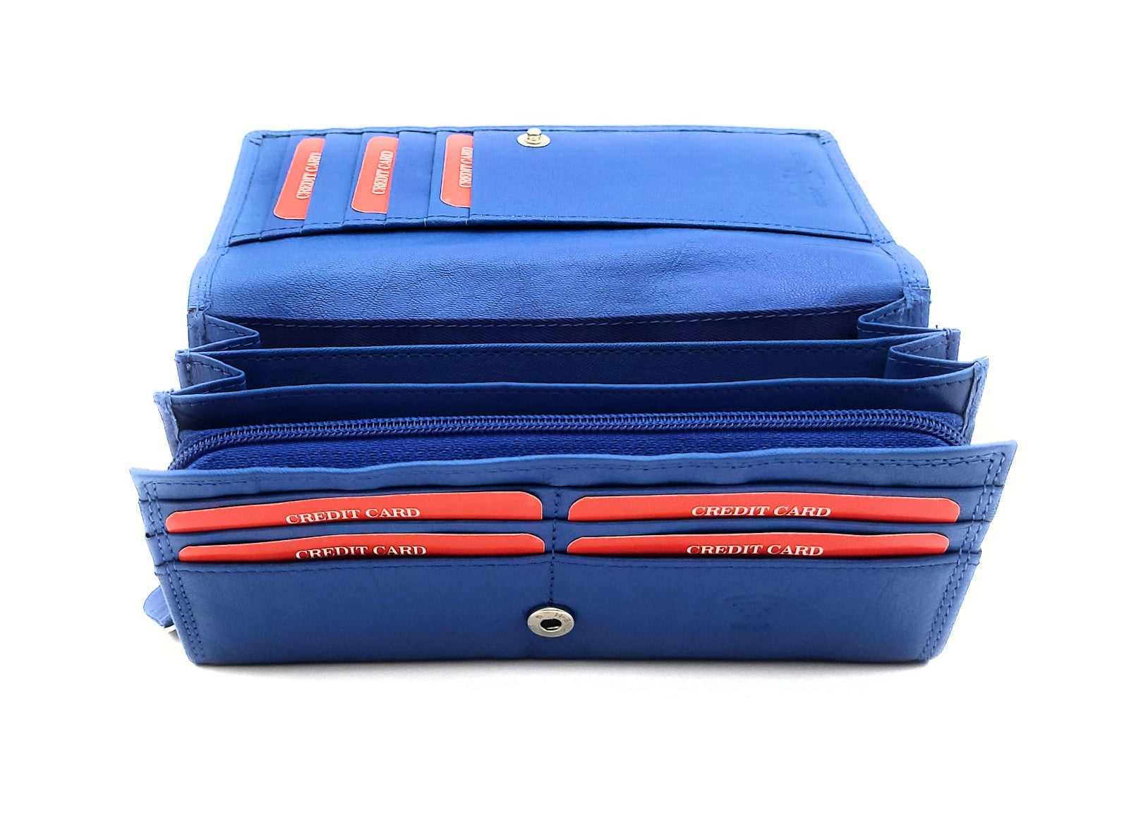 Große Damen Geldbörse aus Echtleder mit RFID-Schutz, 18 Kartenfächer, Langformat mit Münzfach & Doppelnaht blau