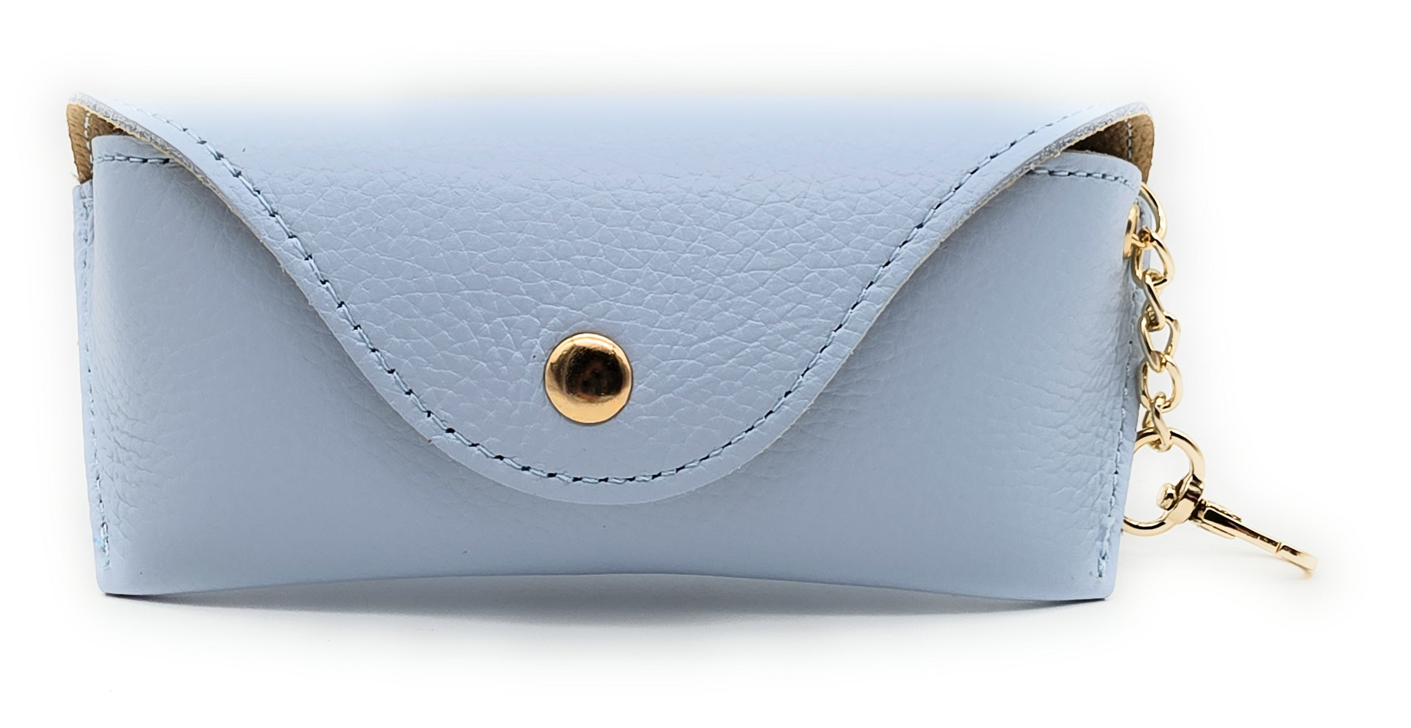 Brillenetui aus echtem Leder mit Magnetverschluss und Karabinerkette – Made in Italy hellblau