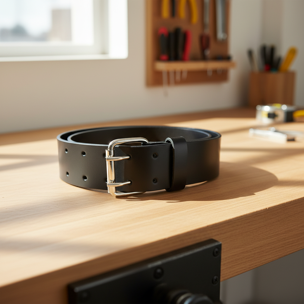 Arbeitergürtel / Handwerkergürtel aus Büffelvollleder – 50 mm breit, 10-fach Lochung, doppelte Dornschließe, kürzbar, 115 cm Bundweite schwarz