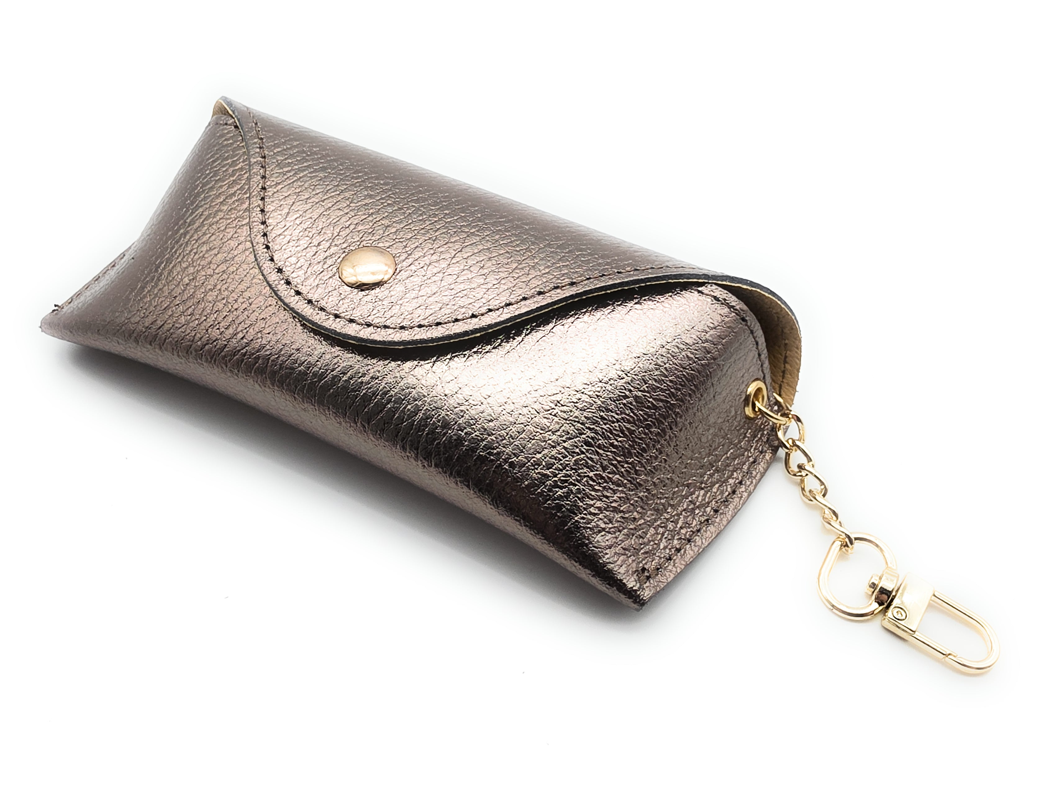 Brillenetui aus echtem Leder mit Magnetverschluss und Karabinerkette – Made in Italy bronze