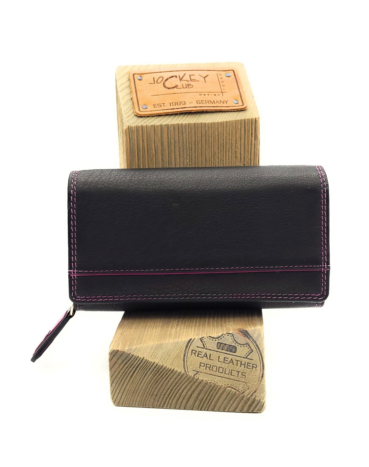 Jockey Club Echt Leder Damen Geldbörse RFID Schutz – Portemonnaie Bicolor Schwarz/Beere – Viele Fächer, Druckknopf, Reißverschluss, großes Münzfach schwarz berry