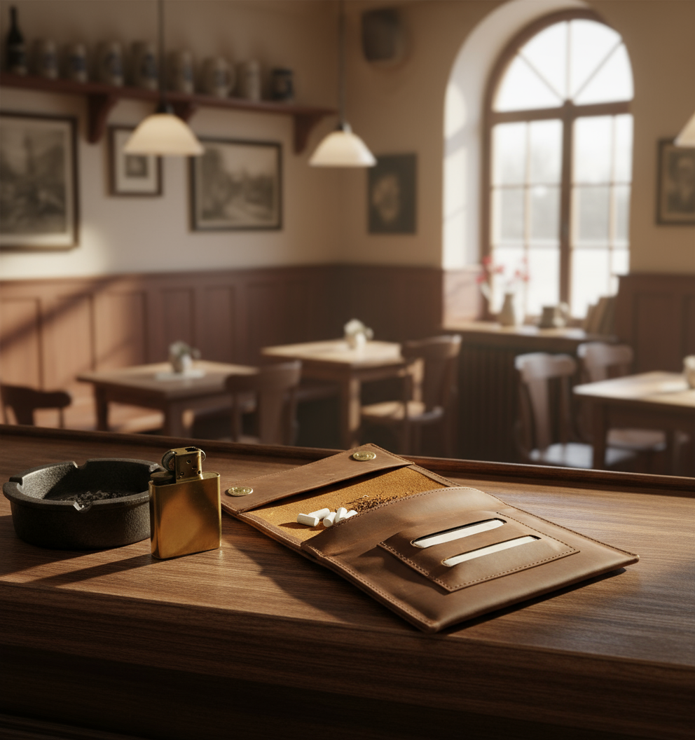 echt Leder Tabakbeutel Tabaktasche Tabak Etui Beutel mit Blättchen Fach braun