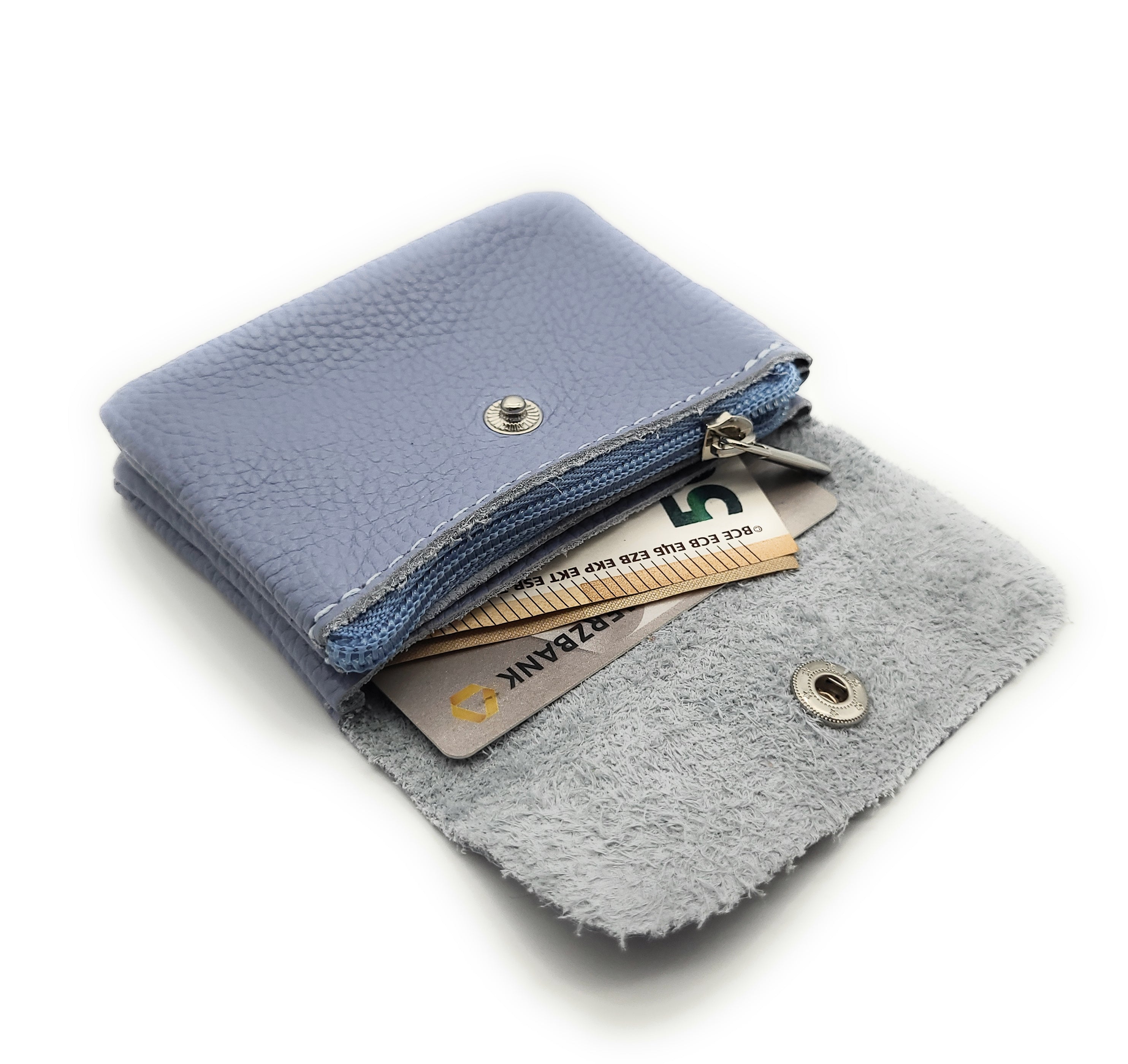 Mini Geldbörse Damen Herren – Echtes Rindleder, Made in Italy, Lavendelblau