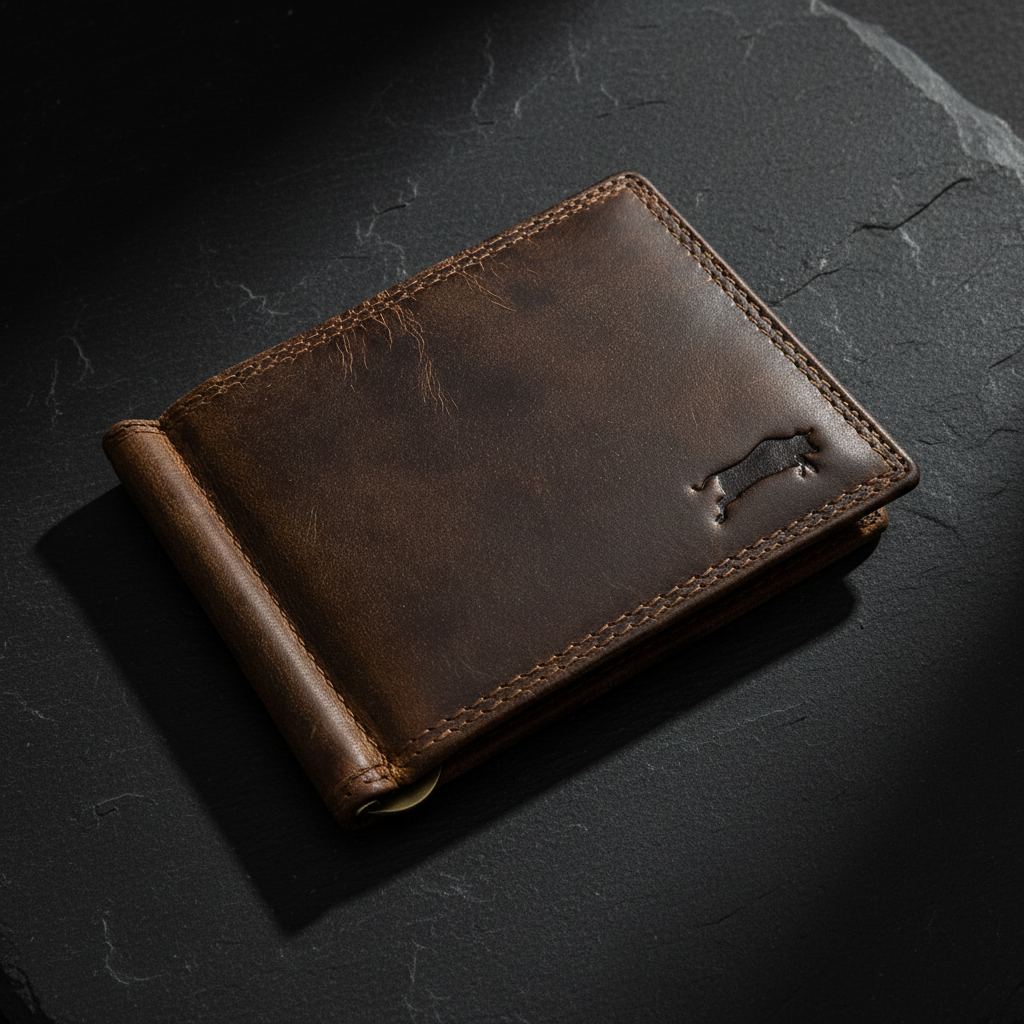 Ven Tomy Dollarclip aus Hunterleder – elegante Geldbörse & Geldklammer mit 6 Kartenfächern und Reißverschlussfach für Münzen – Slim Wallet Herren