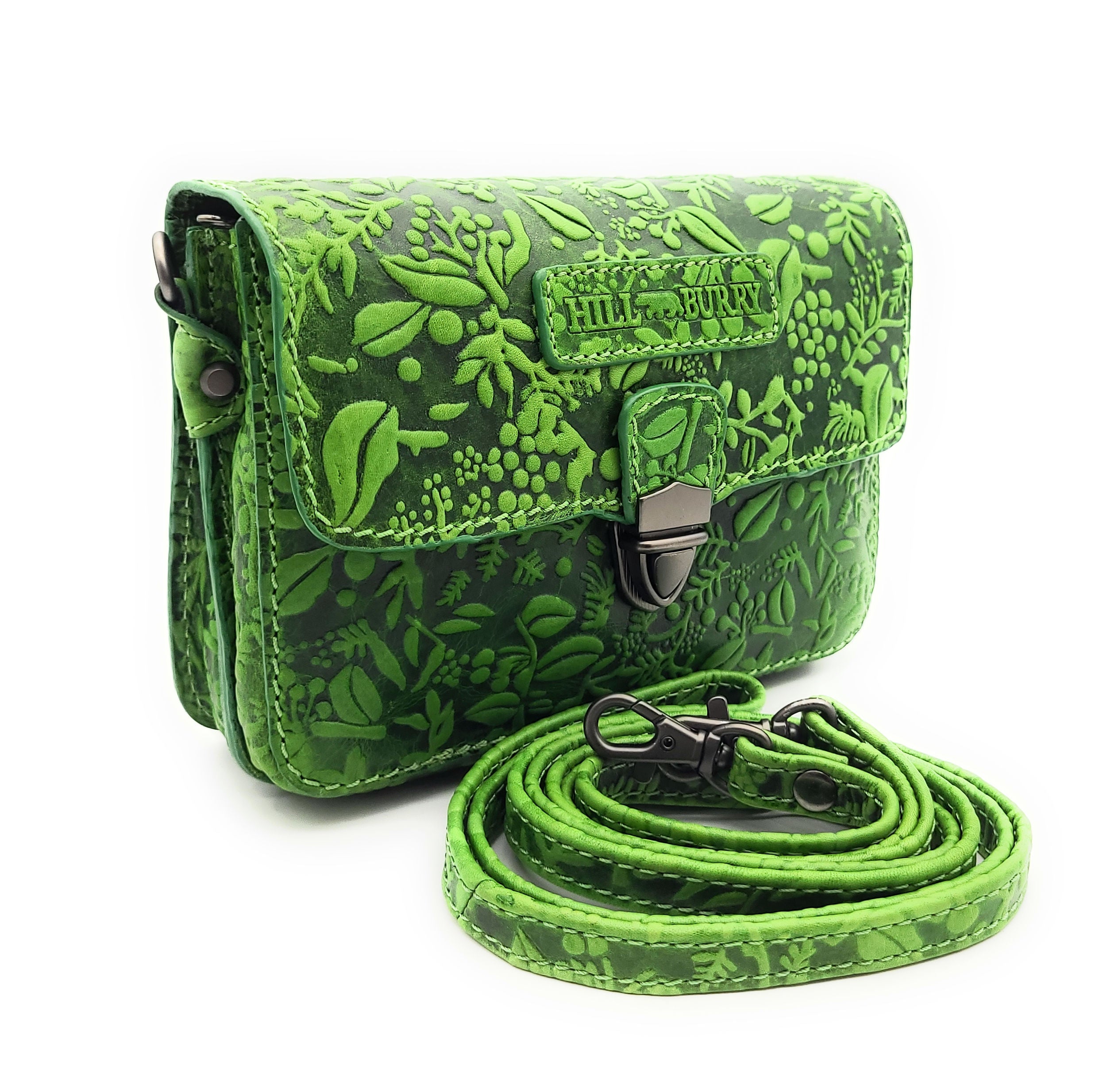 Hill Burry Damen Gürteltasche aus dickem Rindsleder – floral geprägt, 2 Hauptfächer, abnehmbarer Schultergurt