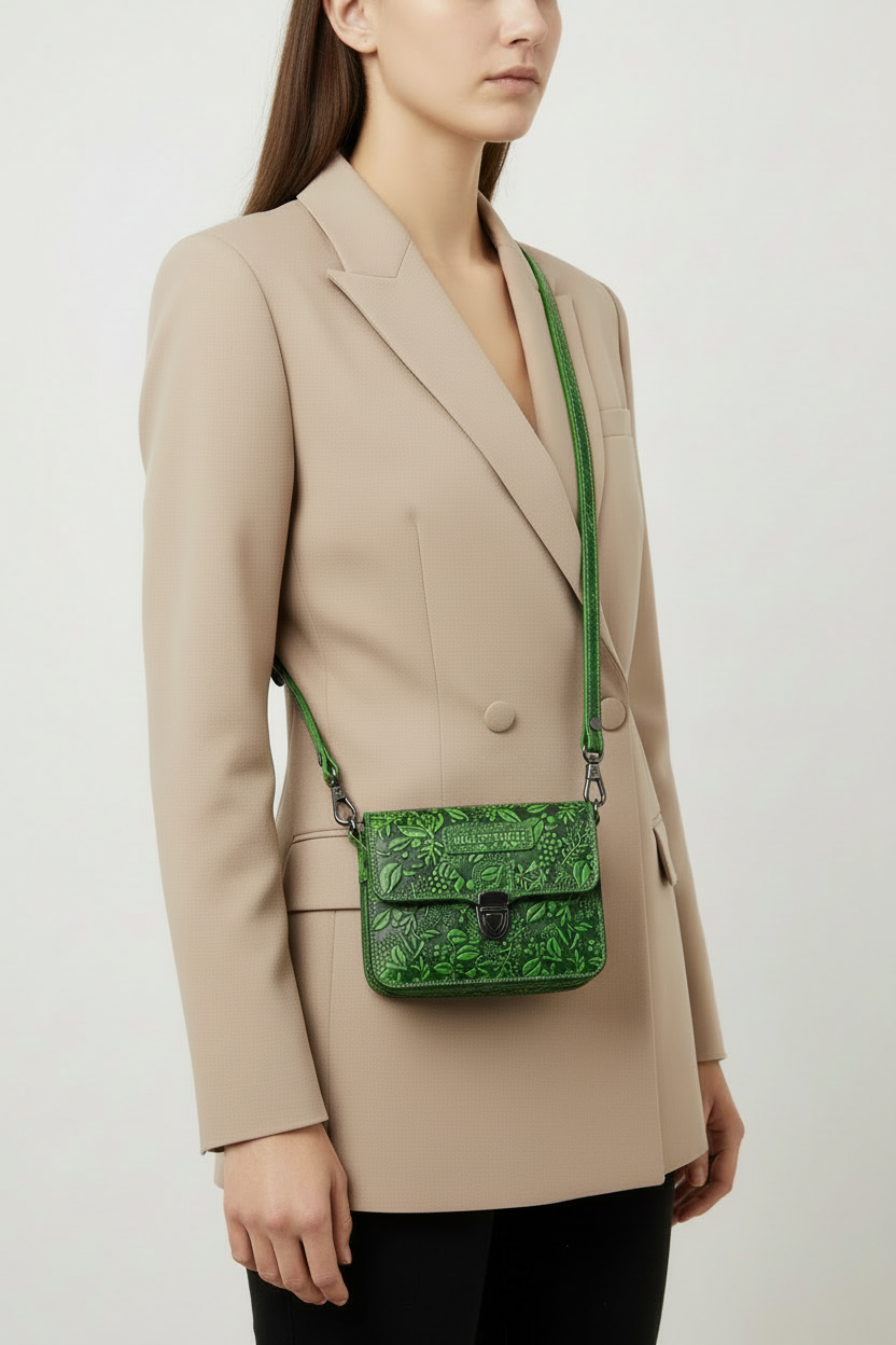 Hill Burry Damen Gürteltasche aus dickem Rindsleder – floral geprägt, 2 Hauptfächer, abnehmbarer Schultergurt