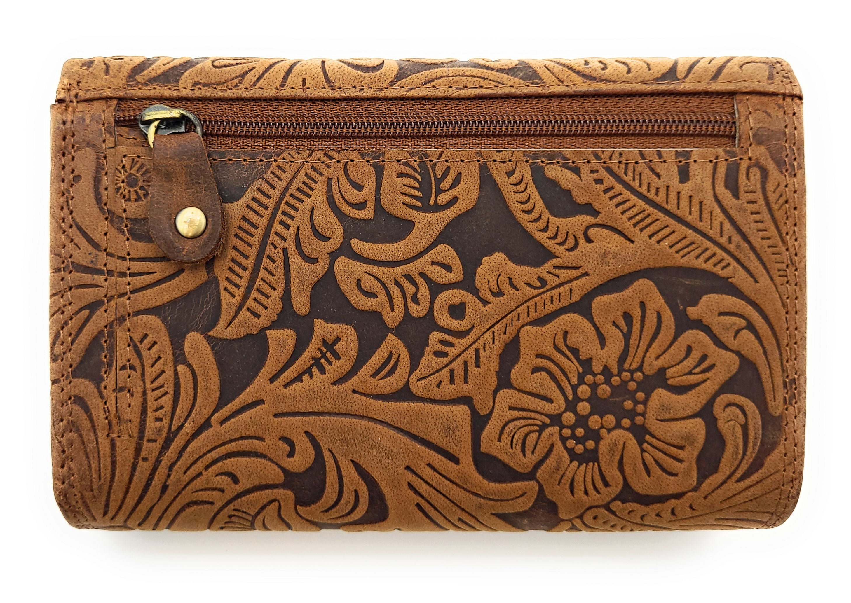 Damen Geldbörse Büffelleder | RFID Schutz | 12 Kartenfächer | Floral geprägt