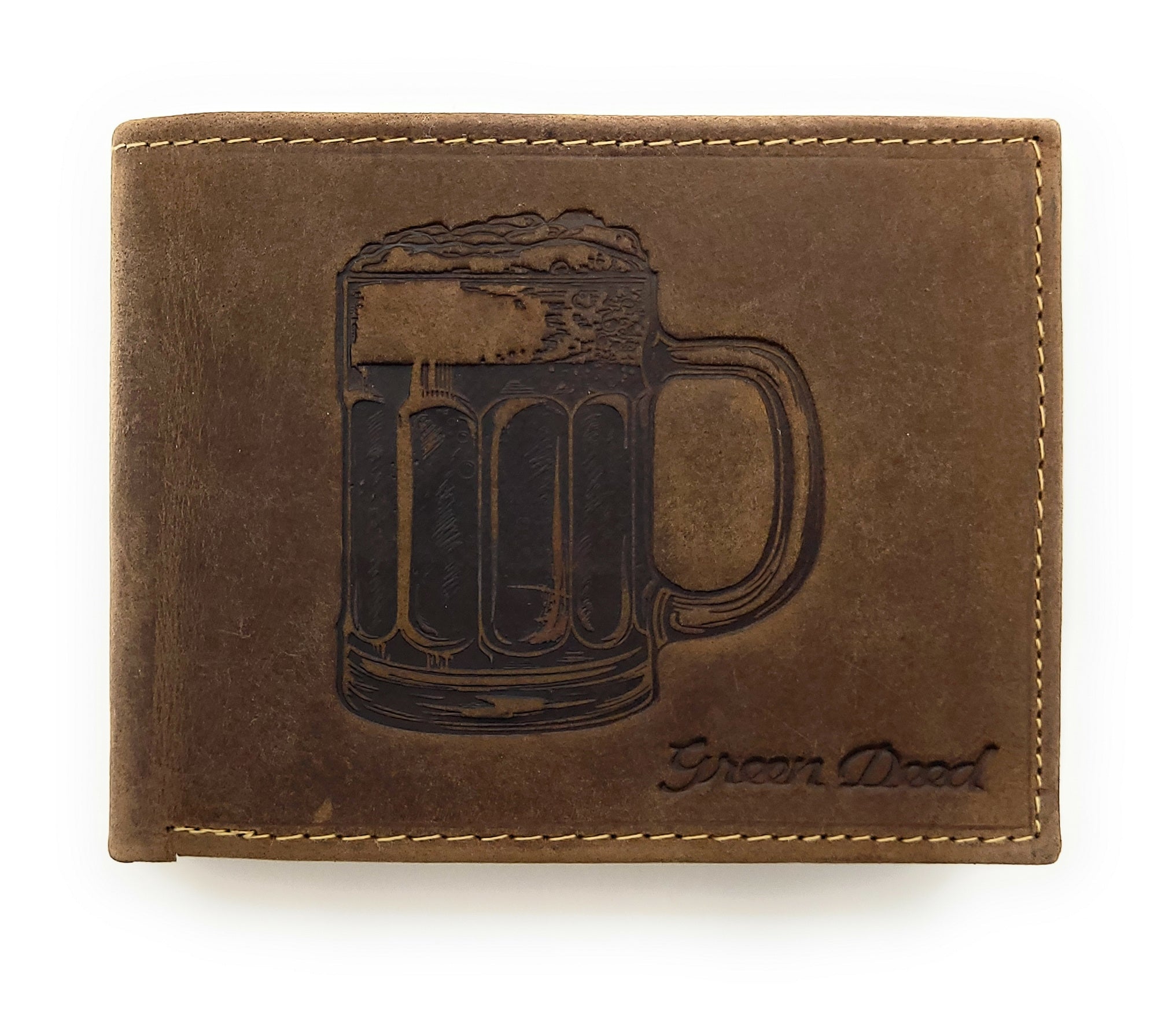 Green Deed Geldbörse aus Hunterleder – Dunkelbraun mit geprägtem Bierkrug-Motiv, RFID-Schutz & Geschenkbox