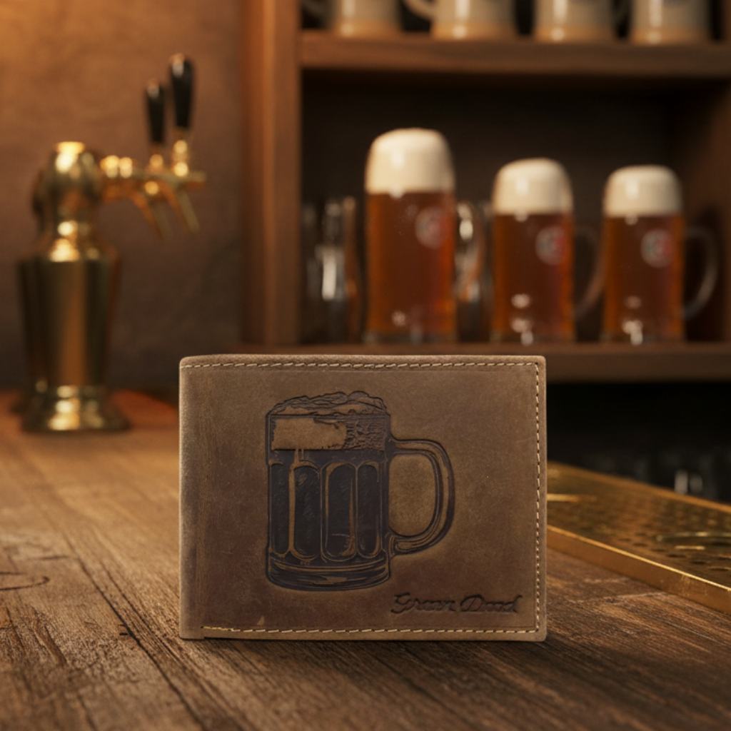Green Deed Geldbörse aus Hunterleder – Dunkelbraun mit geprägtem Bierkrug-Motiv, RFID-Schutz & Geschenkbox