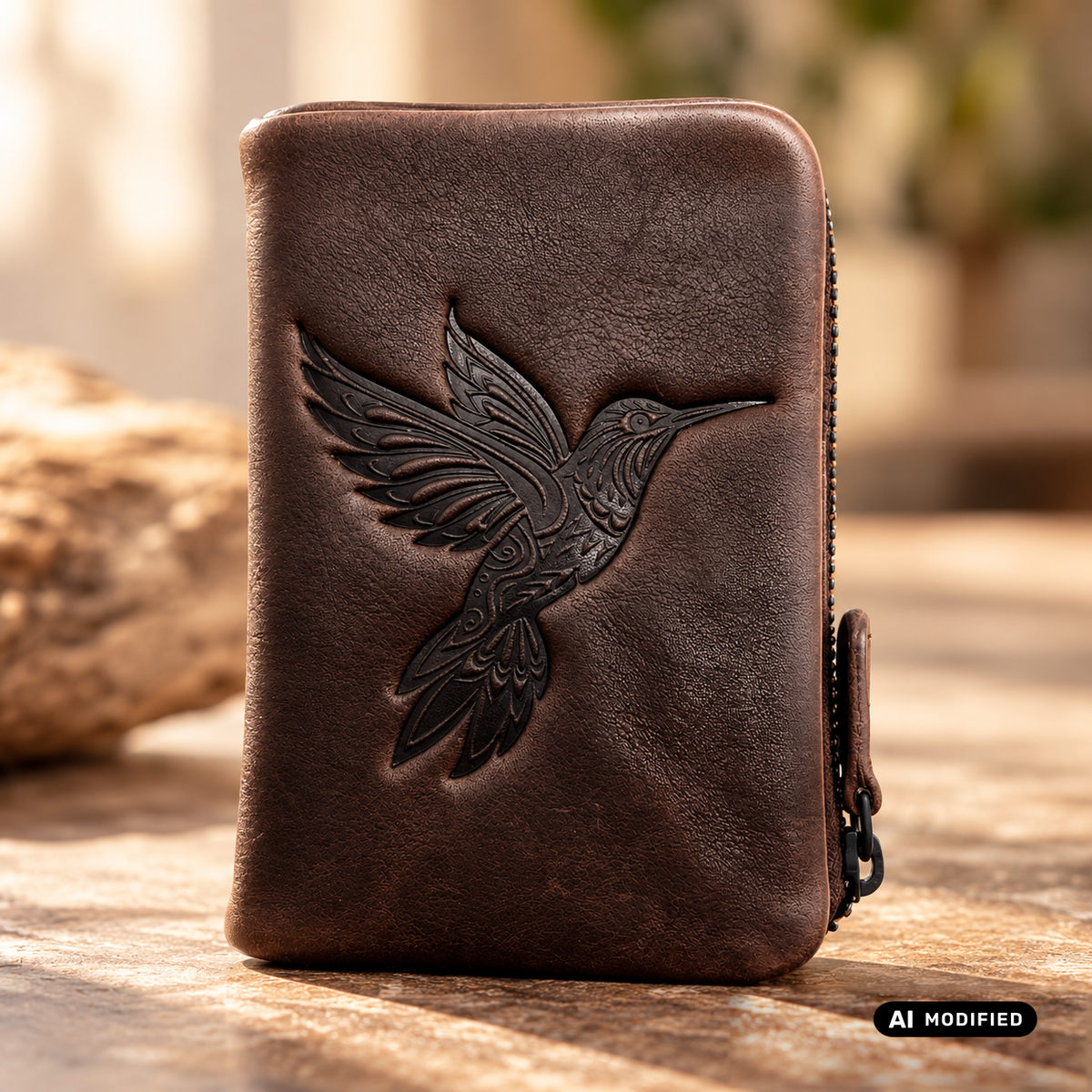 Mini-Geldbörse gewachstes Rindleder Kolibri-Prägung RFID-Schutz dunkelbraun