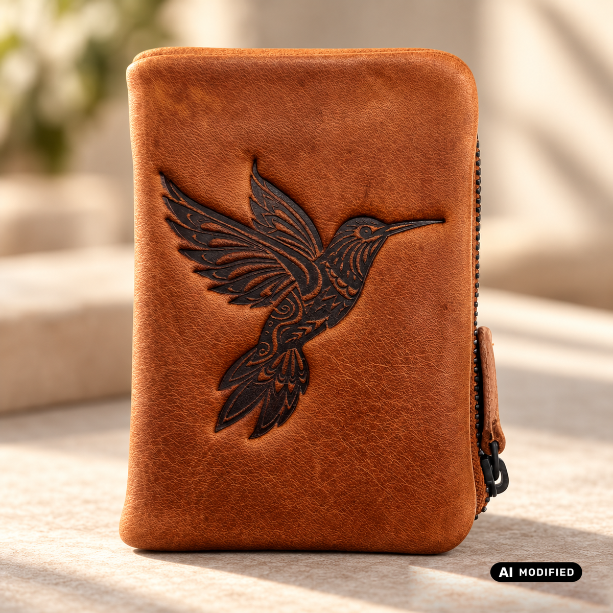 Mini-Geldbörse gewachstes Rindleder Kolibri-Prägung RFID-Schutz cognac braun