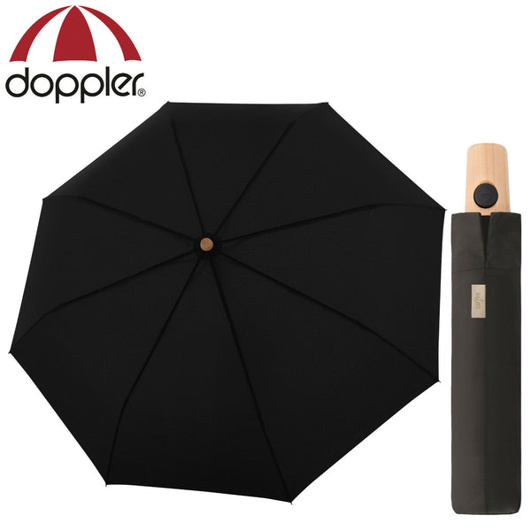 doppler nachhaltiger Regenschirm Nature Taschenschirm sturmsicher bis 100km/h recyceltes Polyester Holzgriff deep black