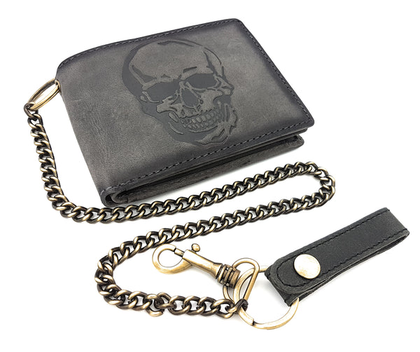 Jockey Club echt Leder Geldbörse Geldbeutel Portemonnaie Totenkopf Schädel + 50cm Kette mit RFID Schutz