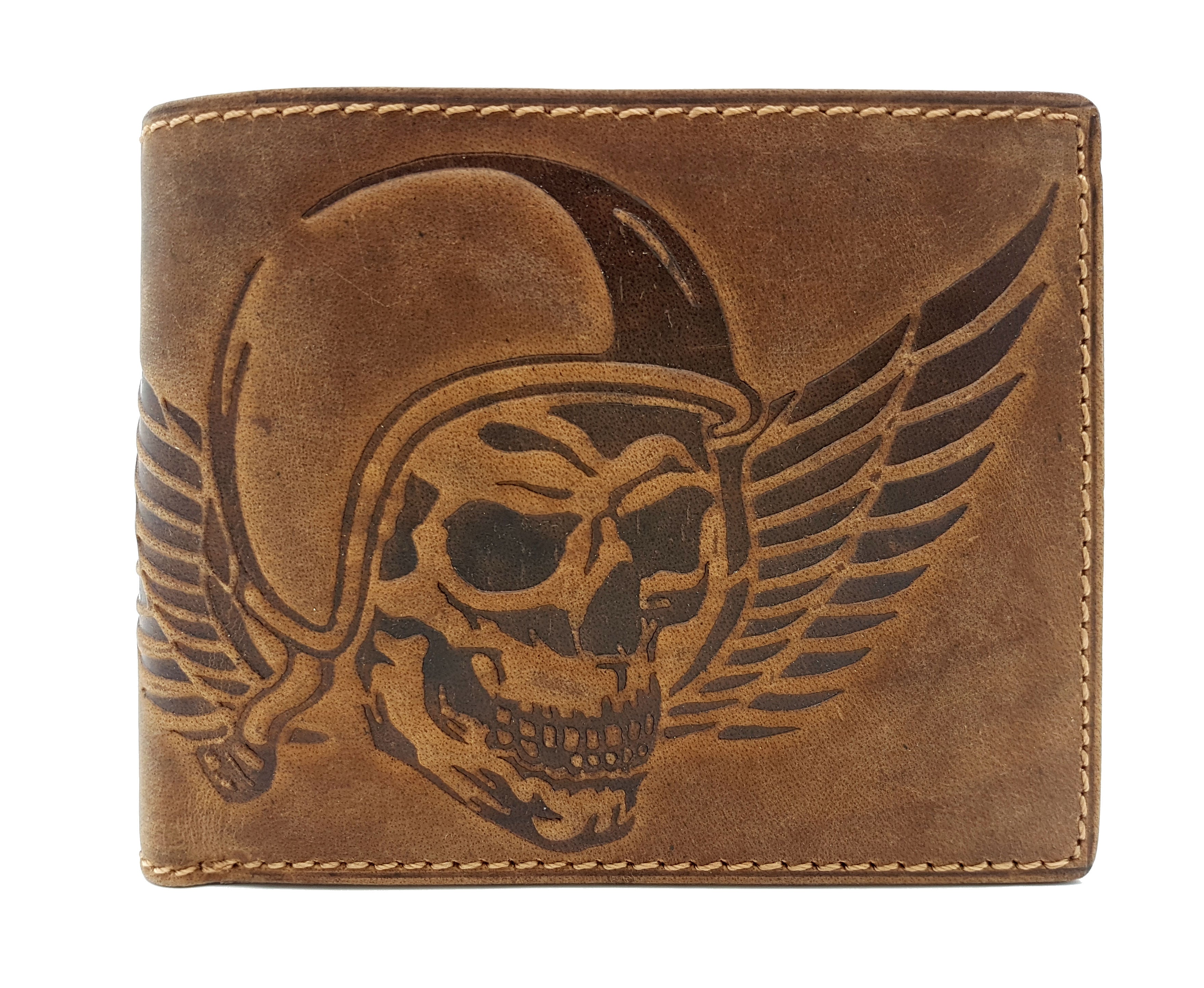 Jockey Club echt Leder Geldbörse Hunterleder Portemonnaie mit Kette Totenkopf Wing of Hell mit RFID Schutz