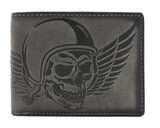 Jockey Club echt Leder Geldbörse Hunterleder Portemonnaie mit Kette Totenkopf Wing of Hell mit RFID Schutz grau